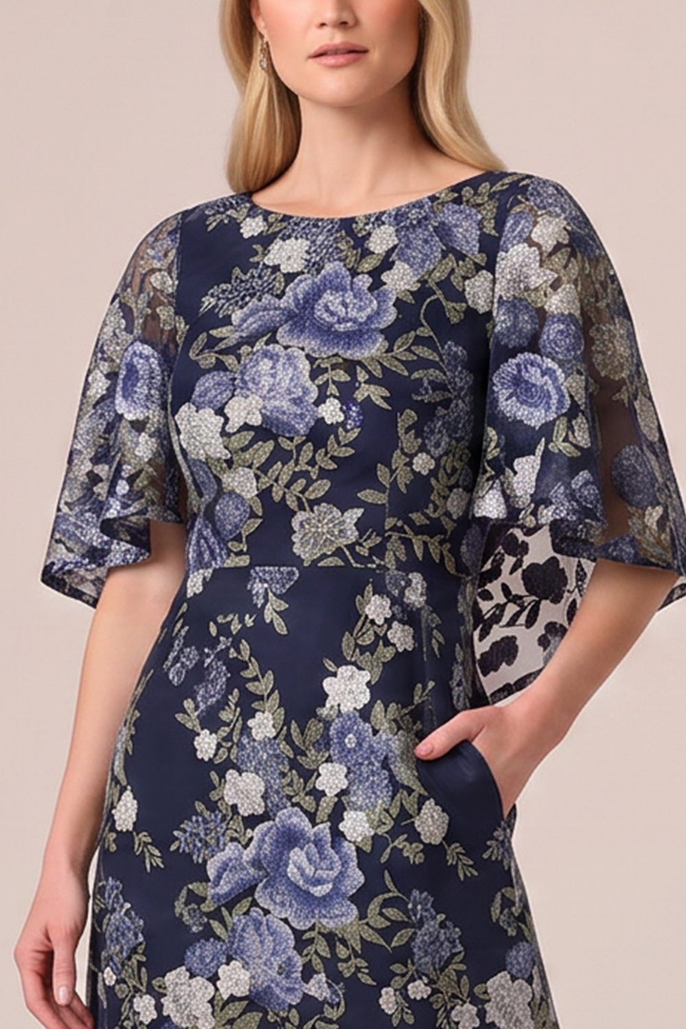 Navy FloralA-Line Round Neck Long Formal Dress with Pockets