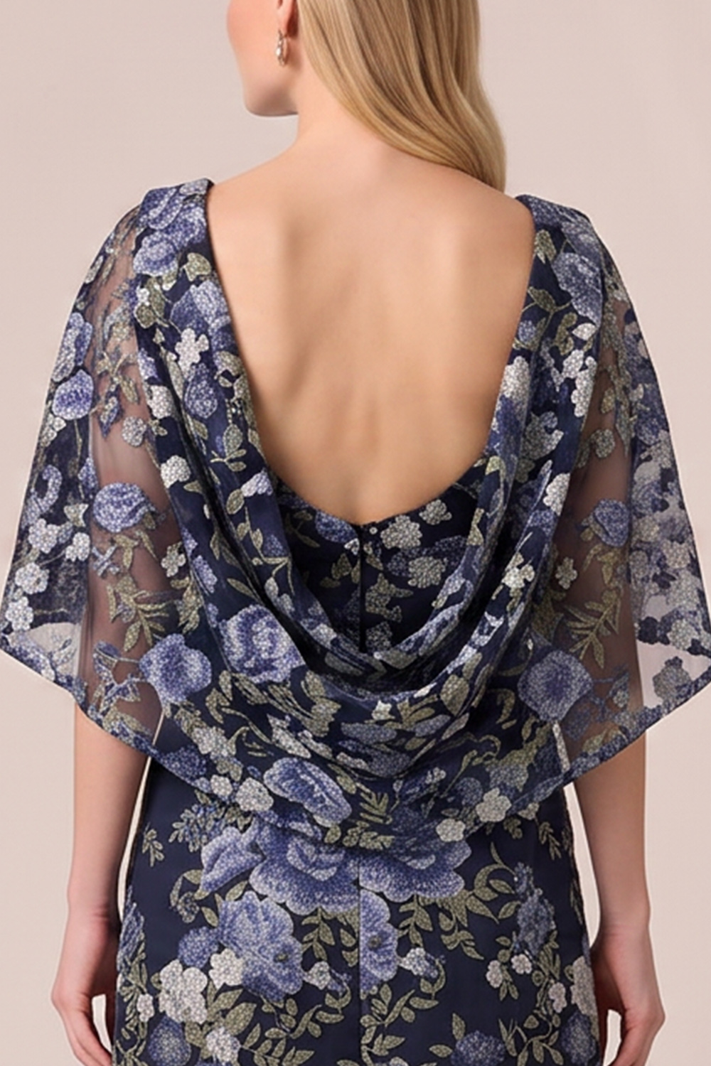 Navy FloralA-Line Round Neck Long Formal Dress with Pockets