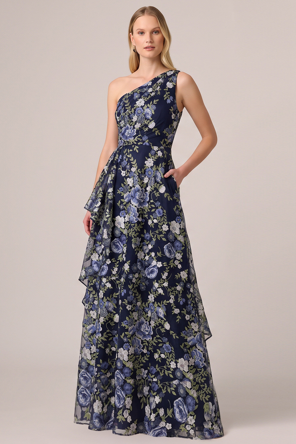 Navy A-Line One Shoulder Floral Long Formal Dress with Pocket