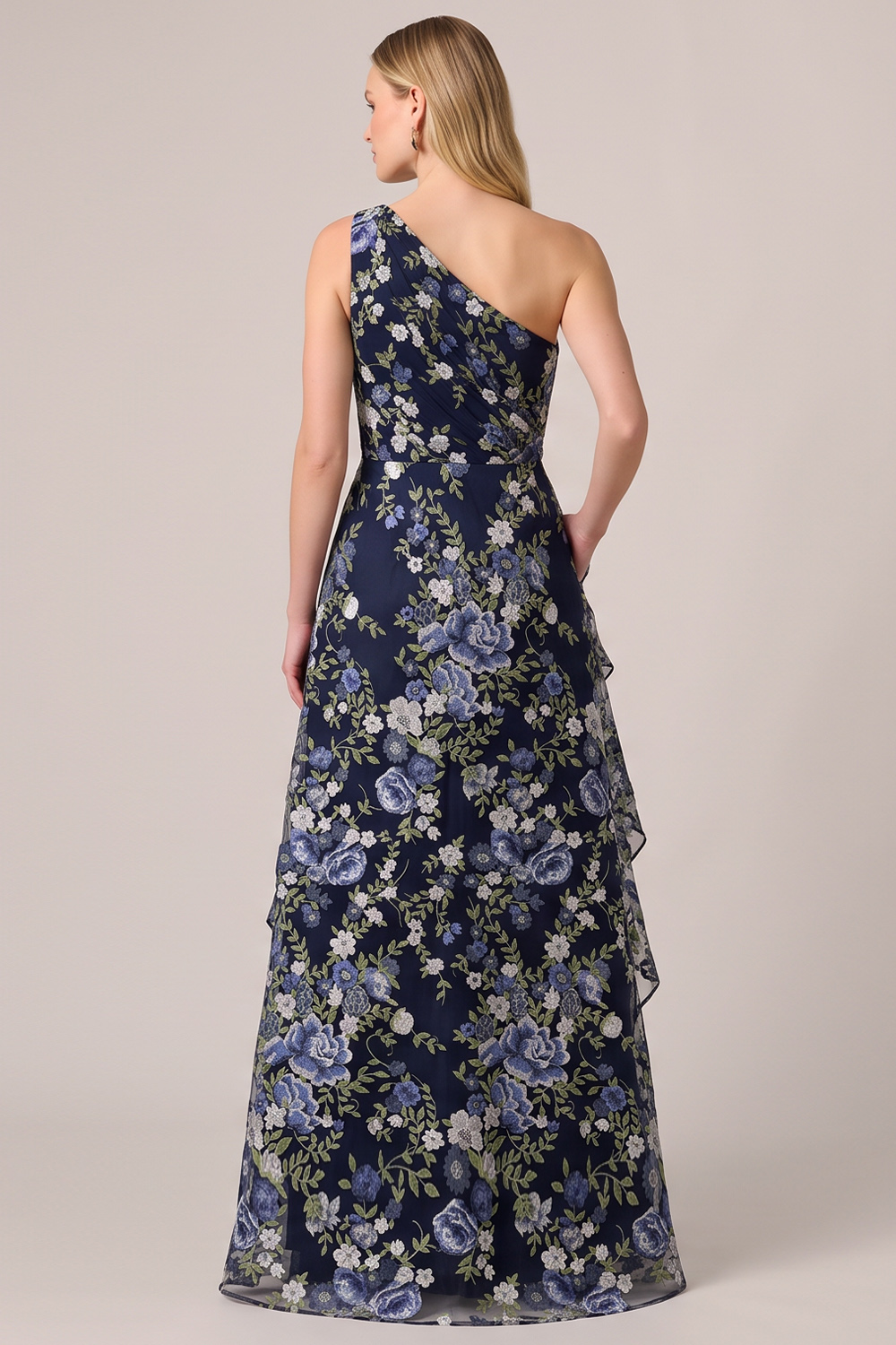 Navy A-Line One Shoulder Floral Long Formal Dress with Pocket