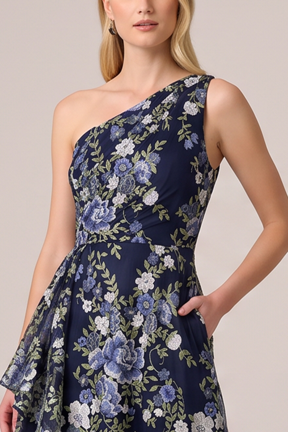 Navy A-Line One Shoulder Floral Long Formal Dress with Pocket