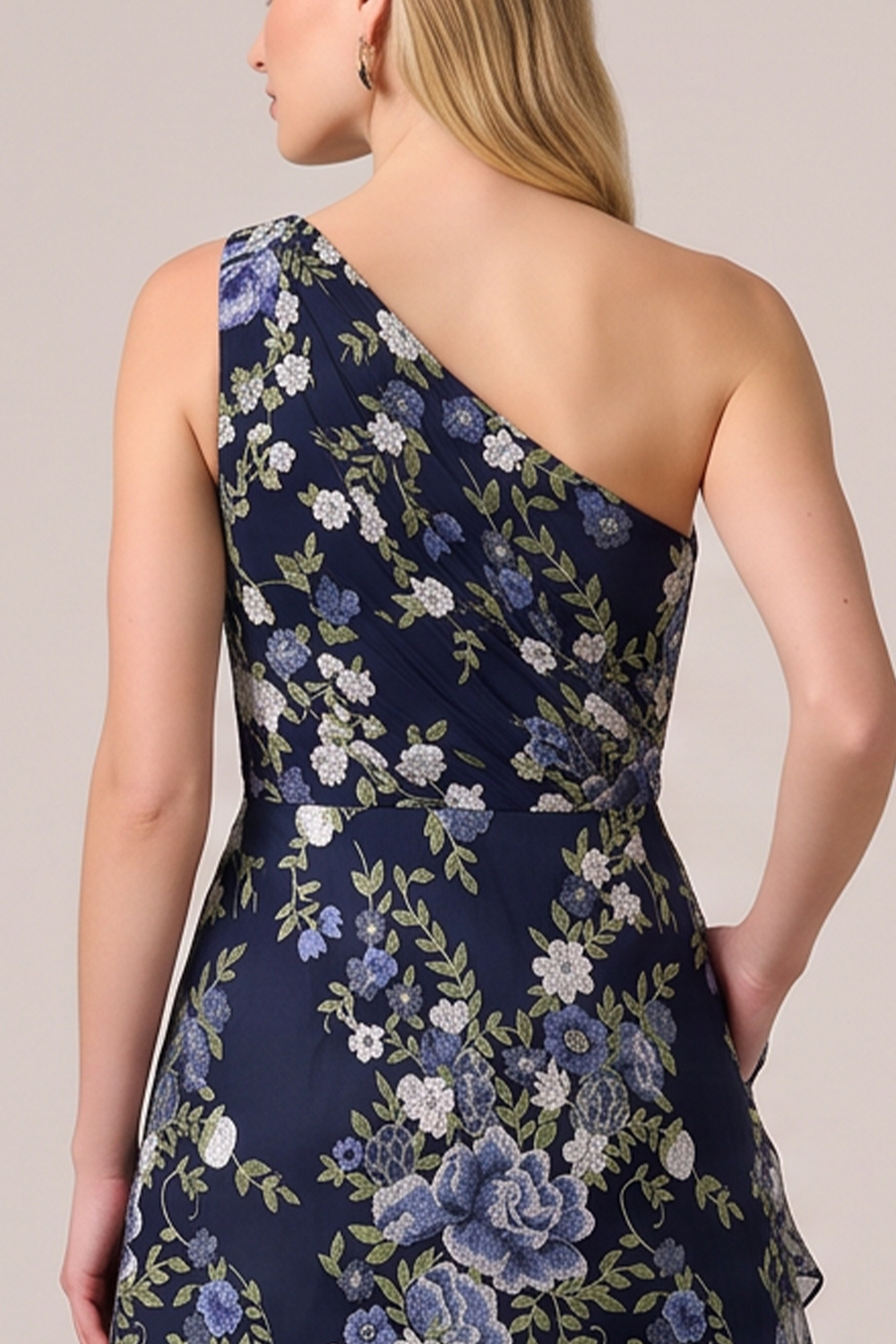 Navy A-Line One Shoulder Floral Long Formal Dress with Pocket