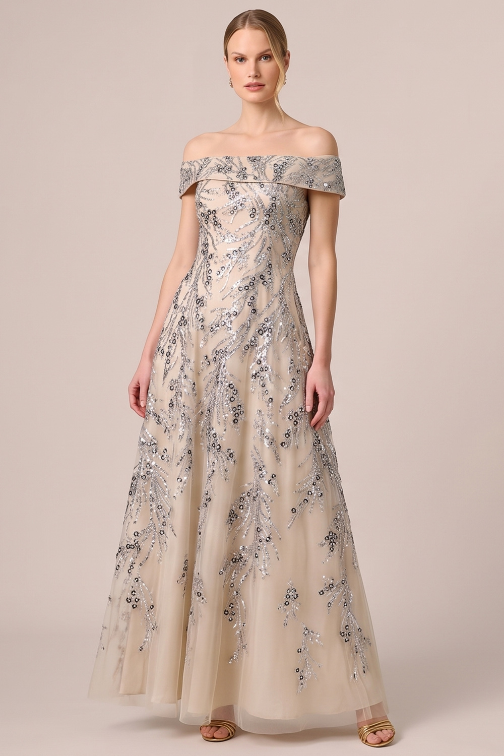 Sparkly Sequin Champagne A Line Off the Shoulder Long Wedding Guest Dress