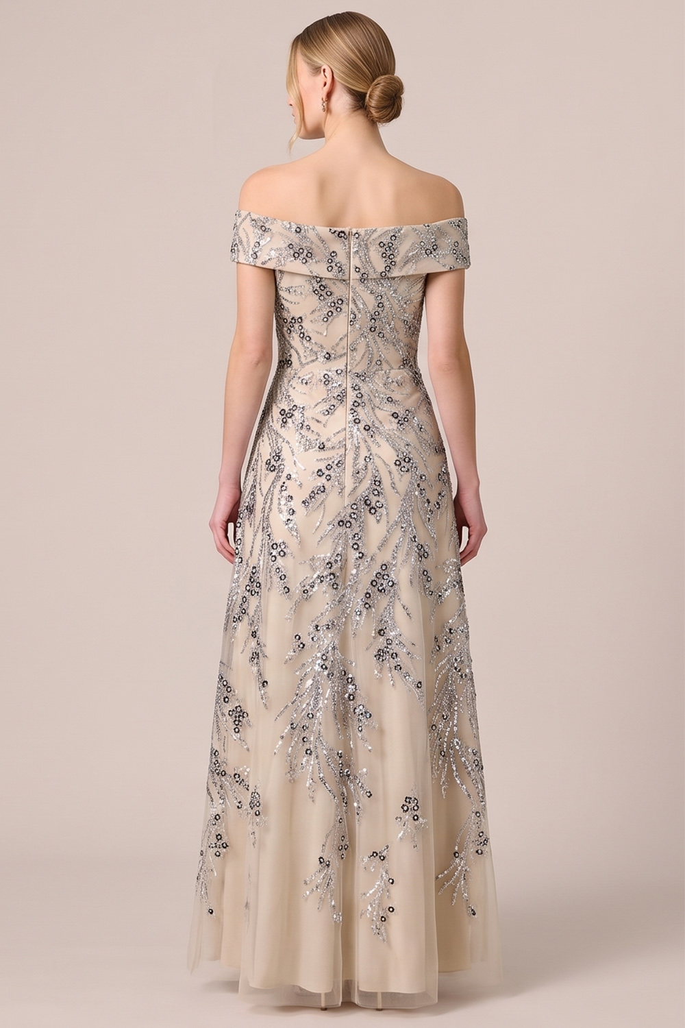 Sparkly Sequin Champagne A Line Off the Shoulder Long Wedding Guest Dress