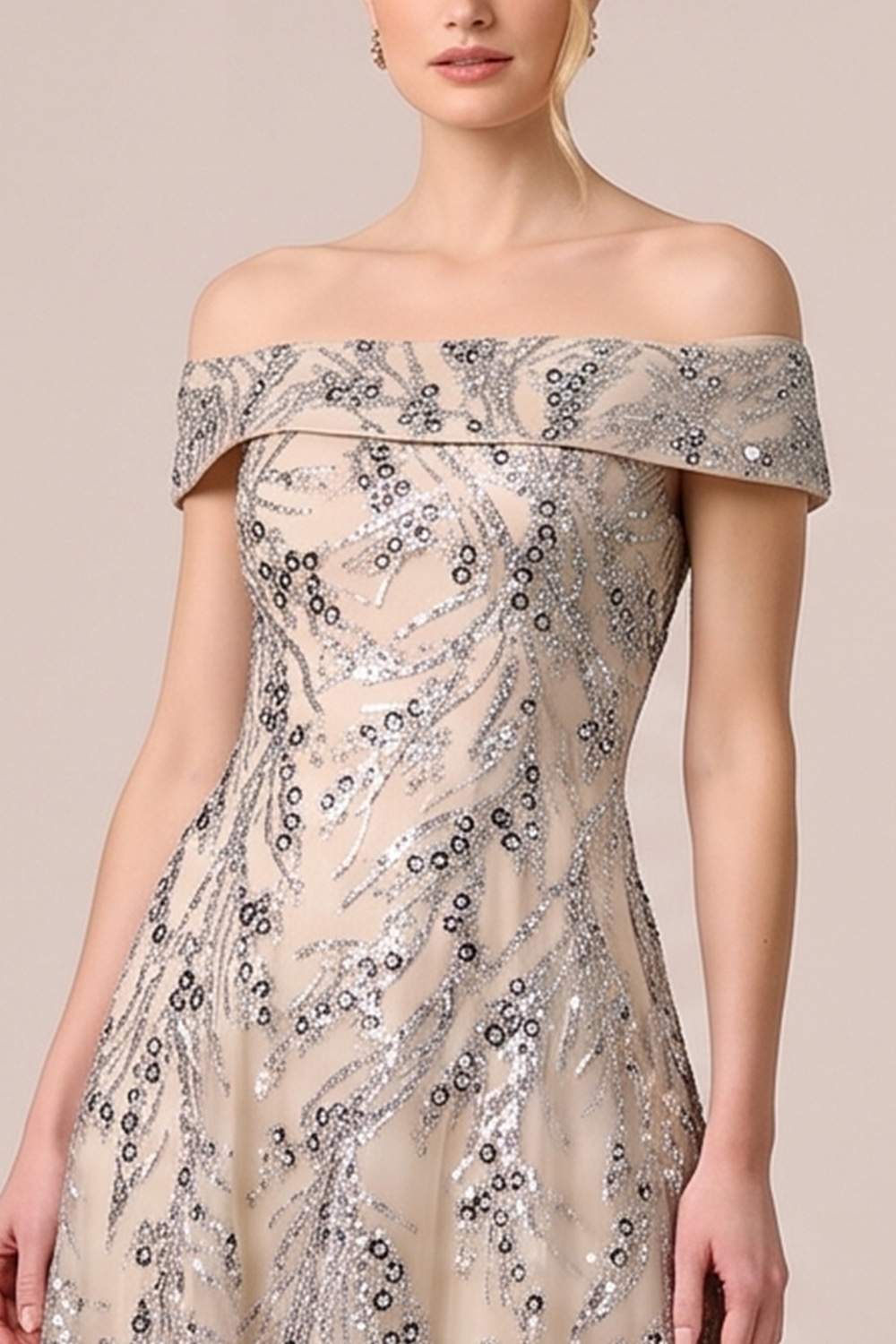 Sparkly Sequin Champagne A Line Off the Shoulder Long Wedding Guest Dress