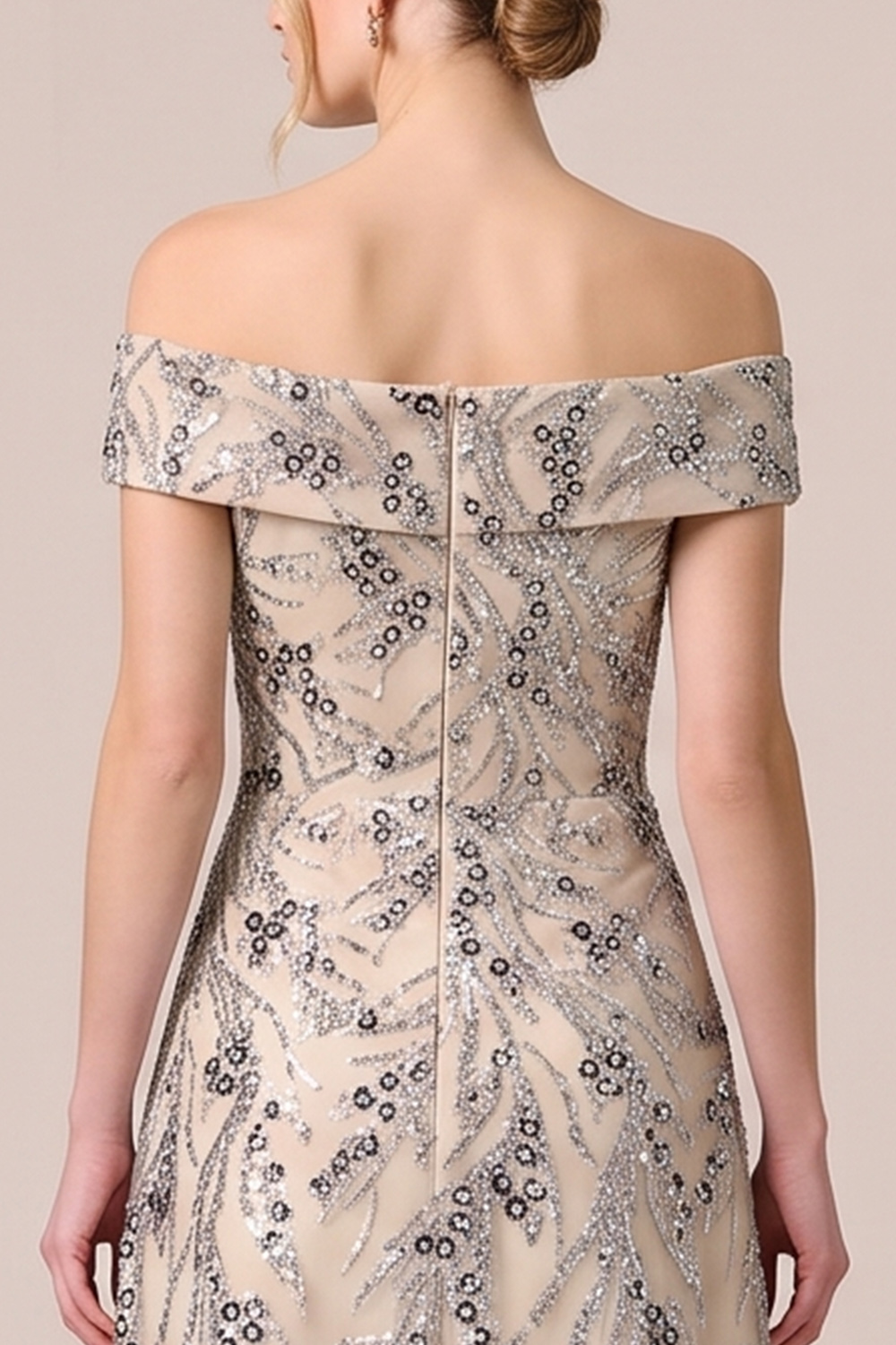Sparkly Sequin Champagne A Line Off the Shoulder Long Wedding Guest Dress