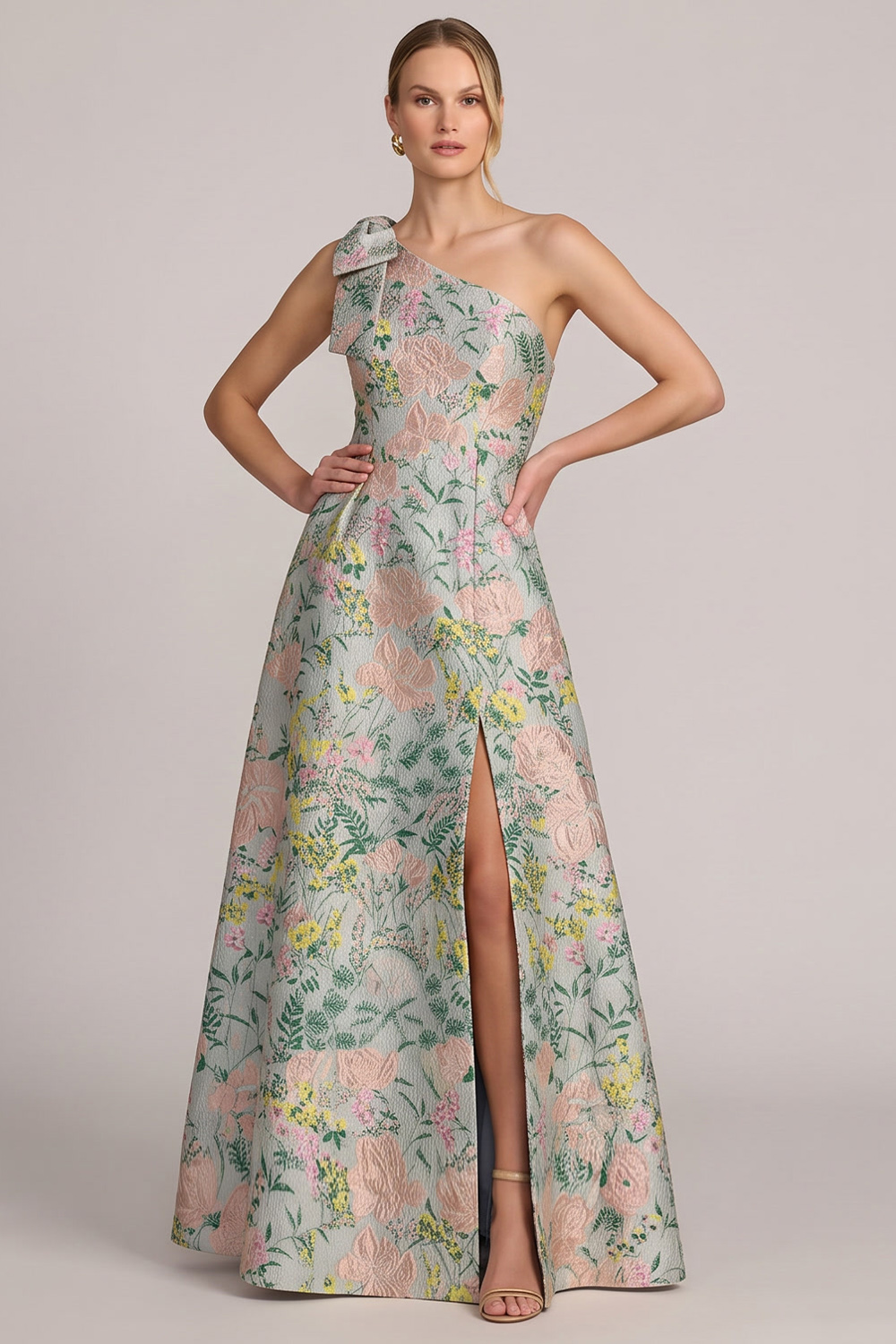 Green Floral One Shoulder Wedding Guest Dress with Bow