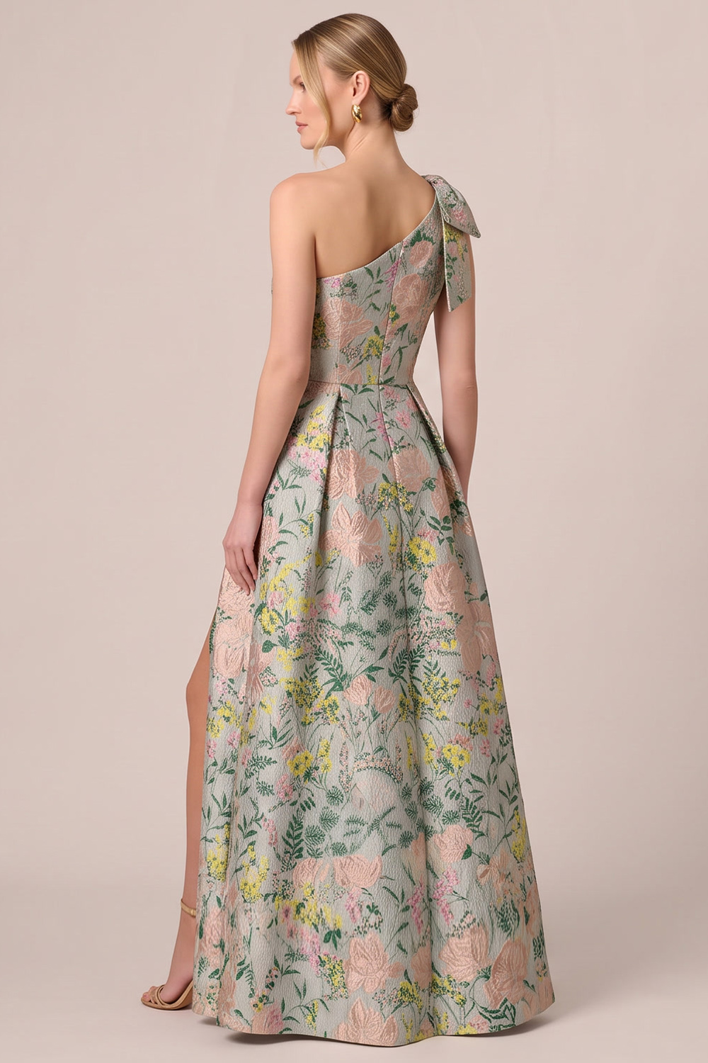Green Floral One Shoulder Wedding Guest Dress with Bow