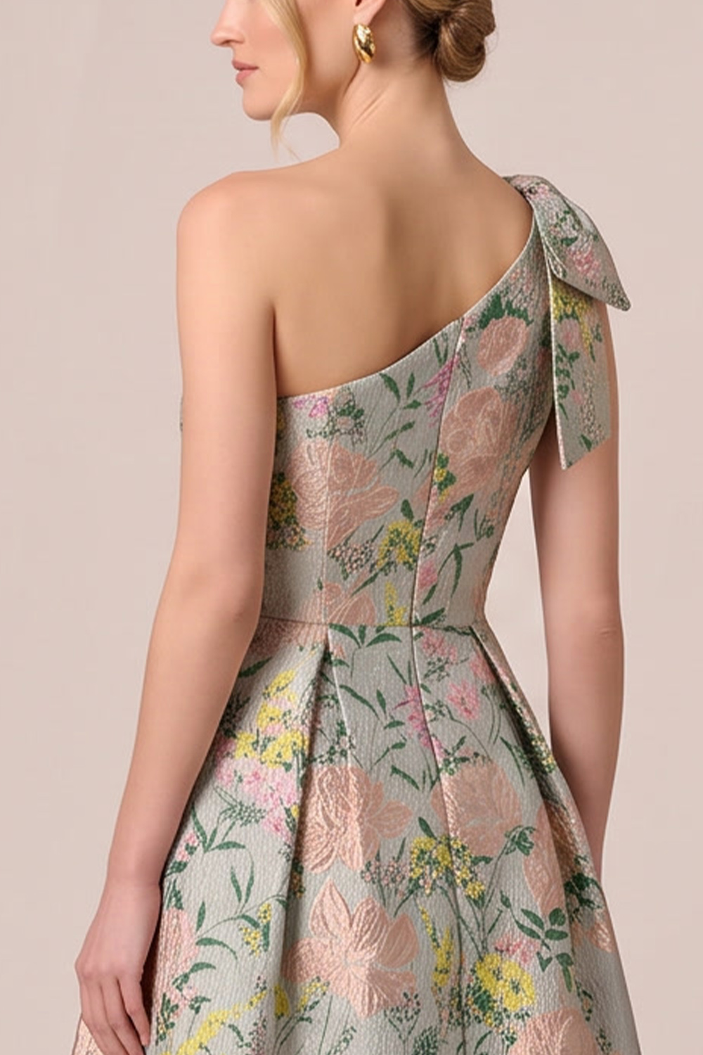 Green Floral One Shoulder Wedding Guest Dress with Bow