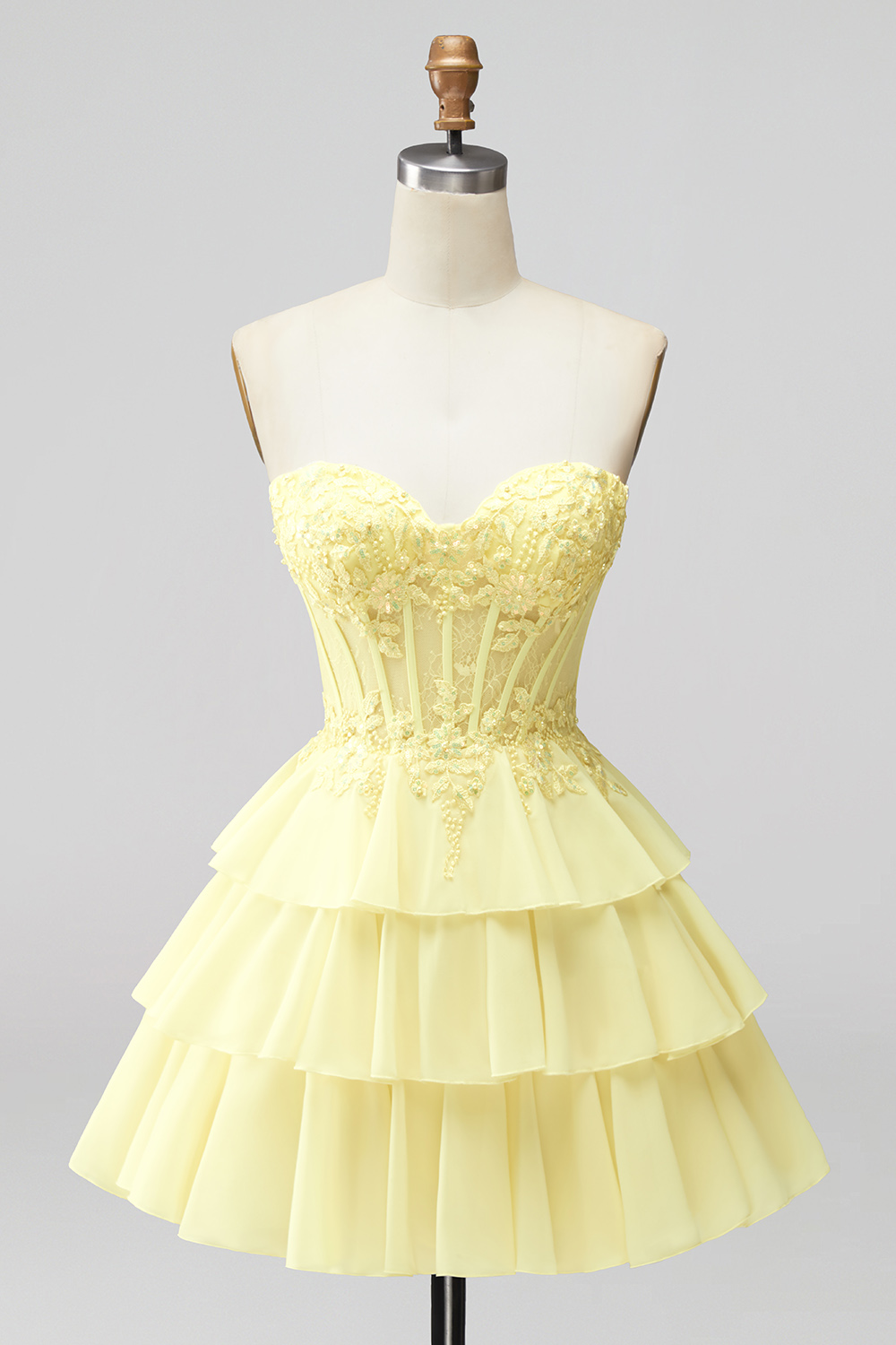 Daffodil Flower Corset A Line Strapless Short Homecoming Dress with Pearls