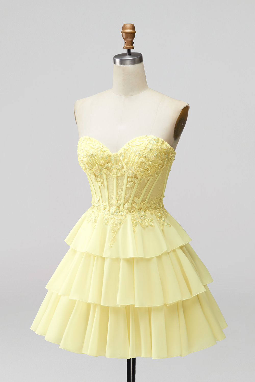 Daffodil Flower Corset A Line Strapless Short Homecoming Dress with Pearls