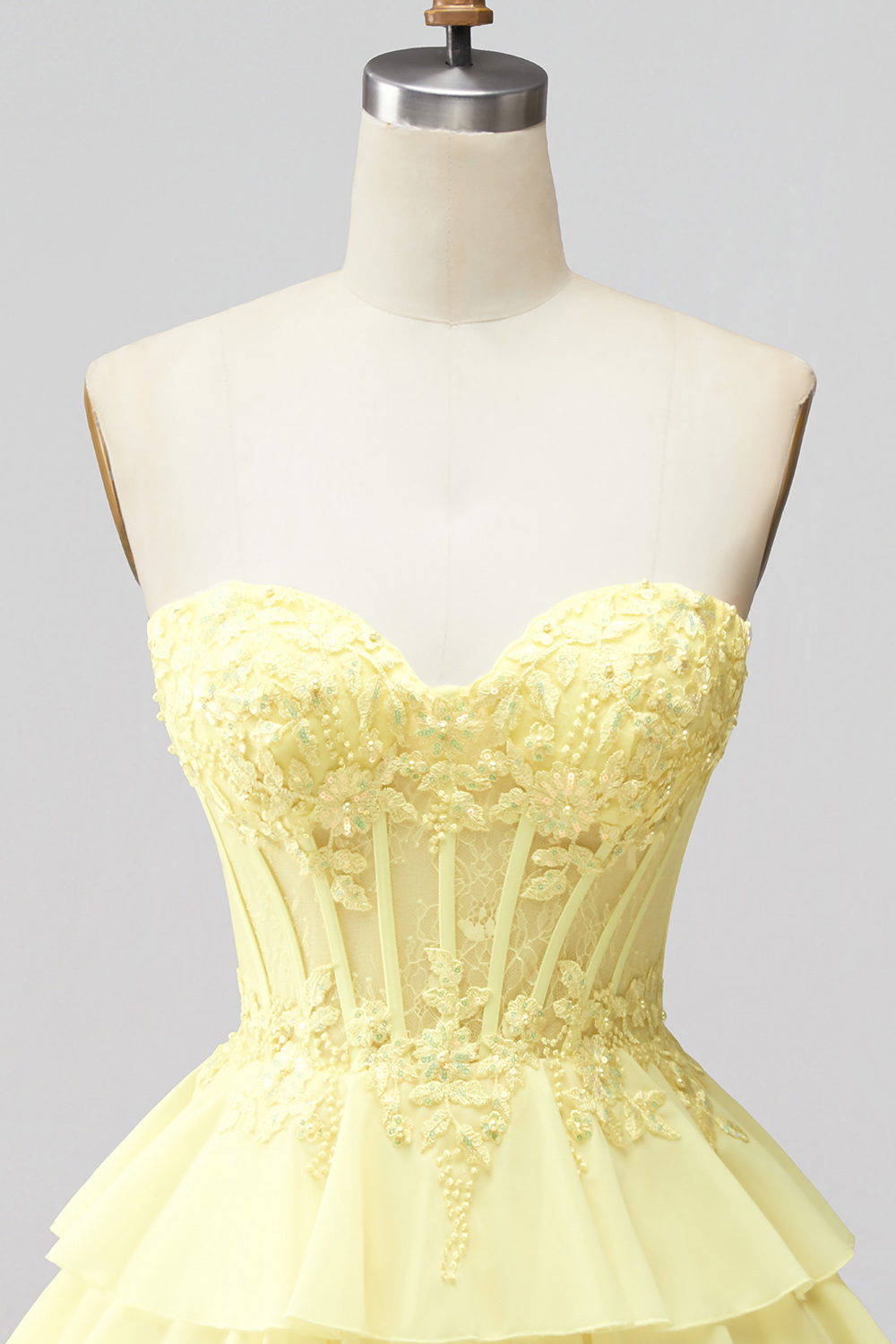 Daffodil Flower Corset A Line Strapless Short Homecoming Dress with Pearls