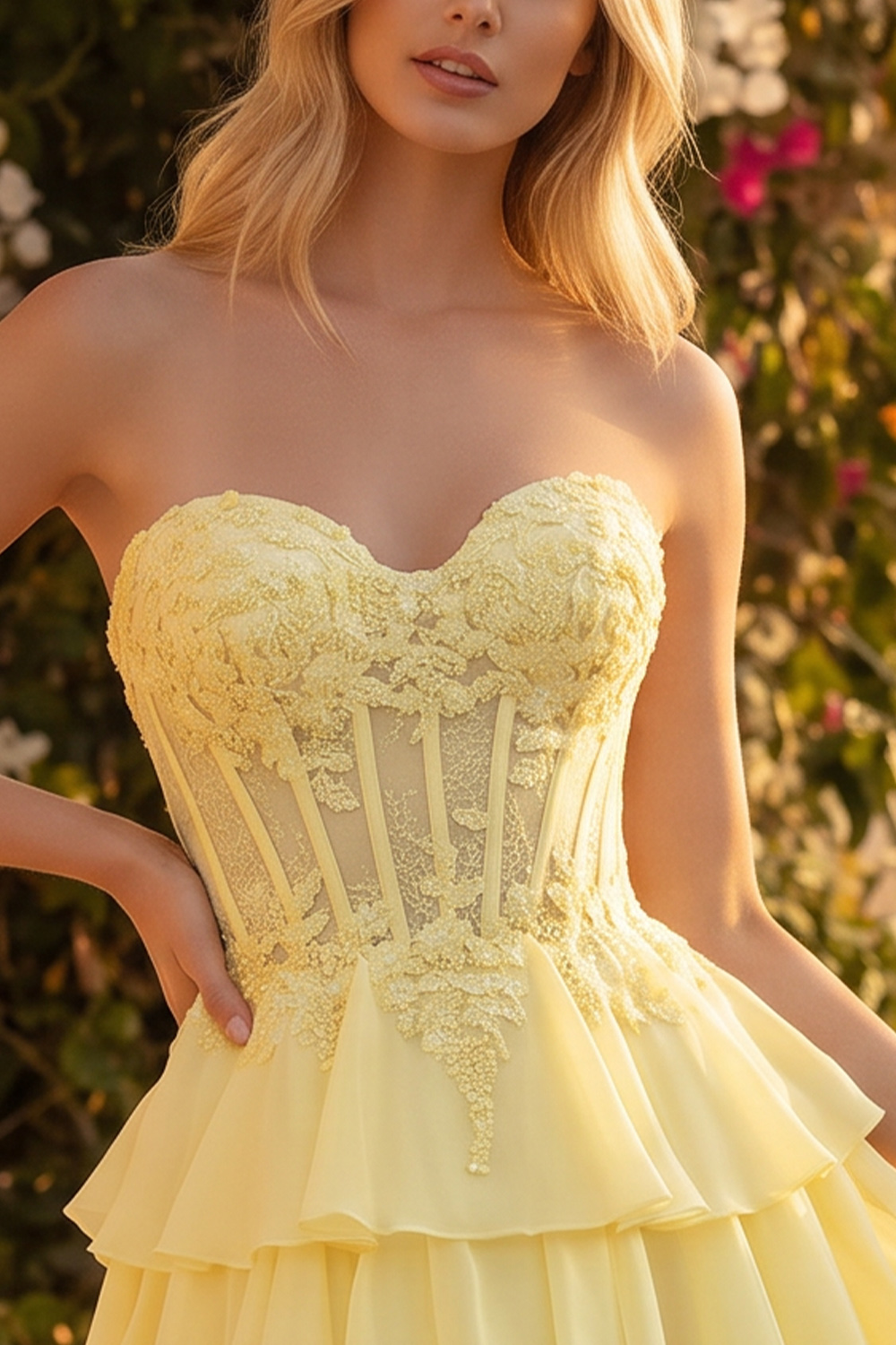 Daffodil Flower Corset A Line Strapless Short Homecoming Dress with Pearls