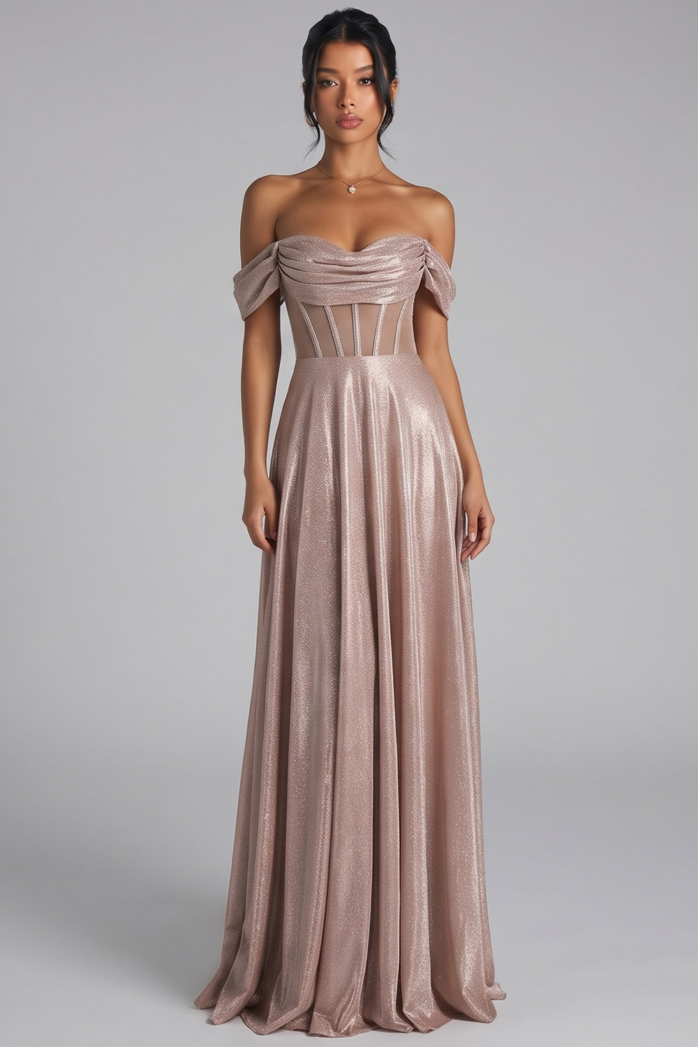 Shallow Champagne Corset Off the Shoulder A-Line Long Prom Dress