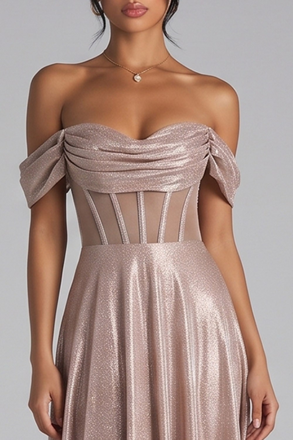 Shallow Champagne Corset Off the Shoulder A-Line Long Prom Dress