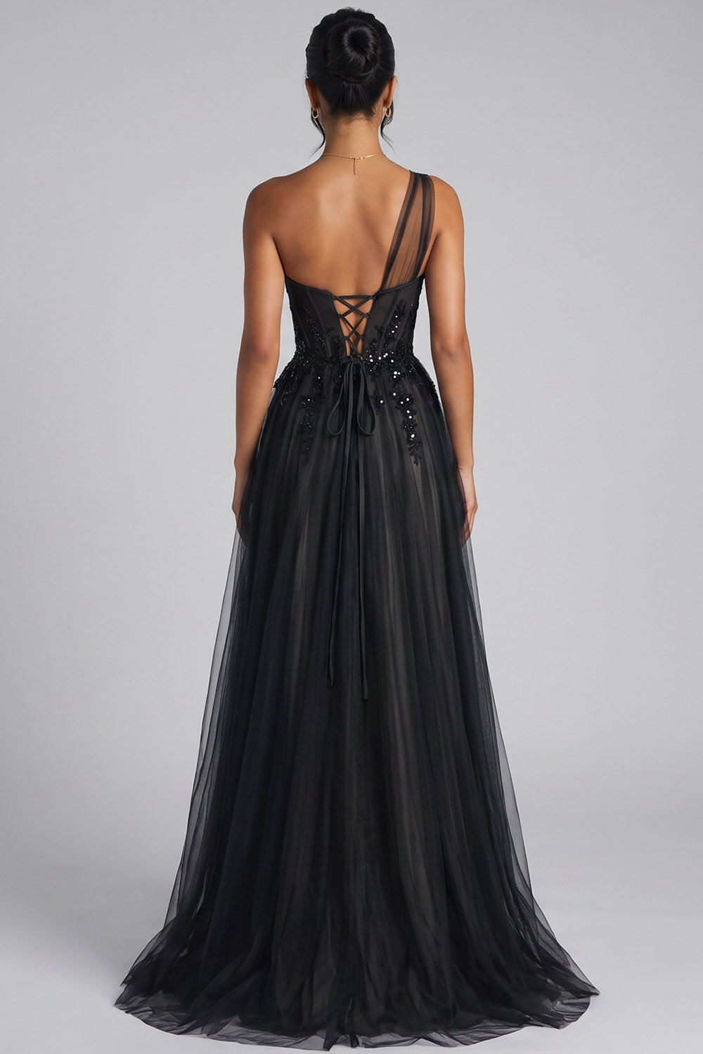 Black Corset One Shoulder Tulle Long Prom Dress with Appliques