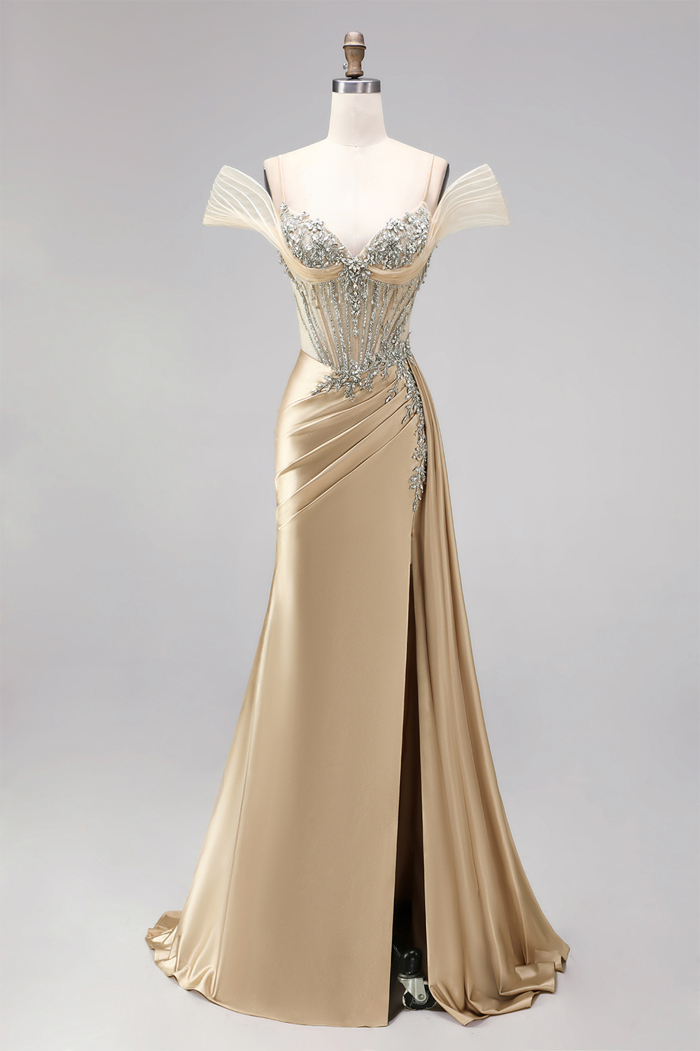 Champagne Corset Cold Shoulder Long Prom Dress with Beading