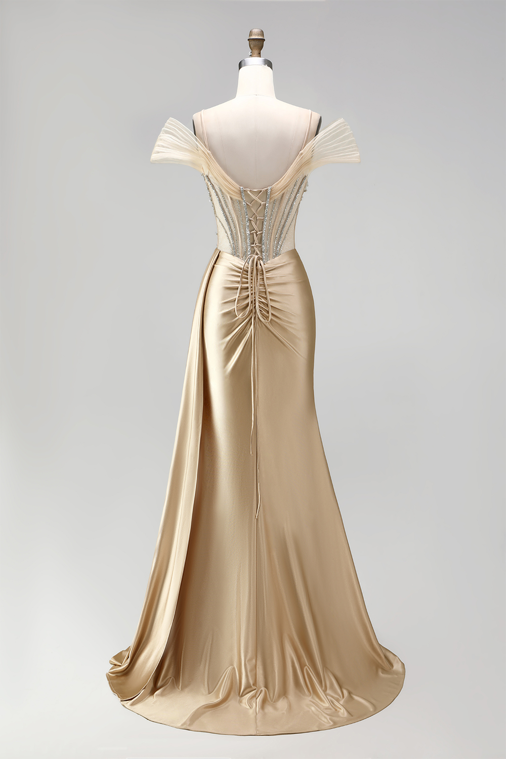 Champagne Corset Cold Shoulder Long Prom Dress with Beading