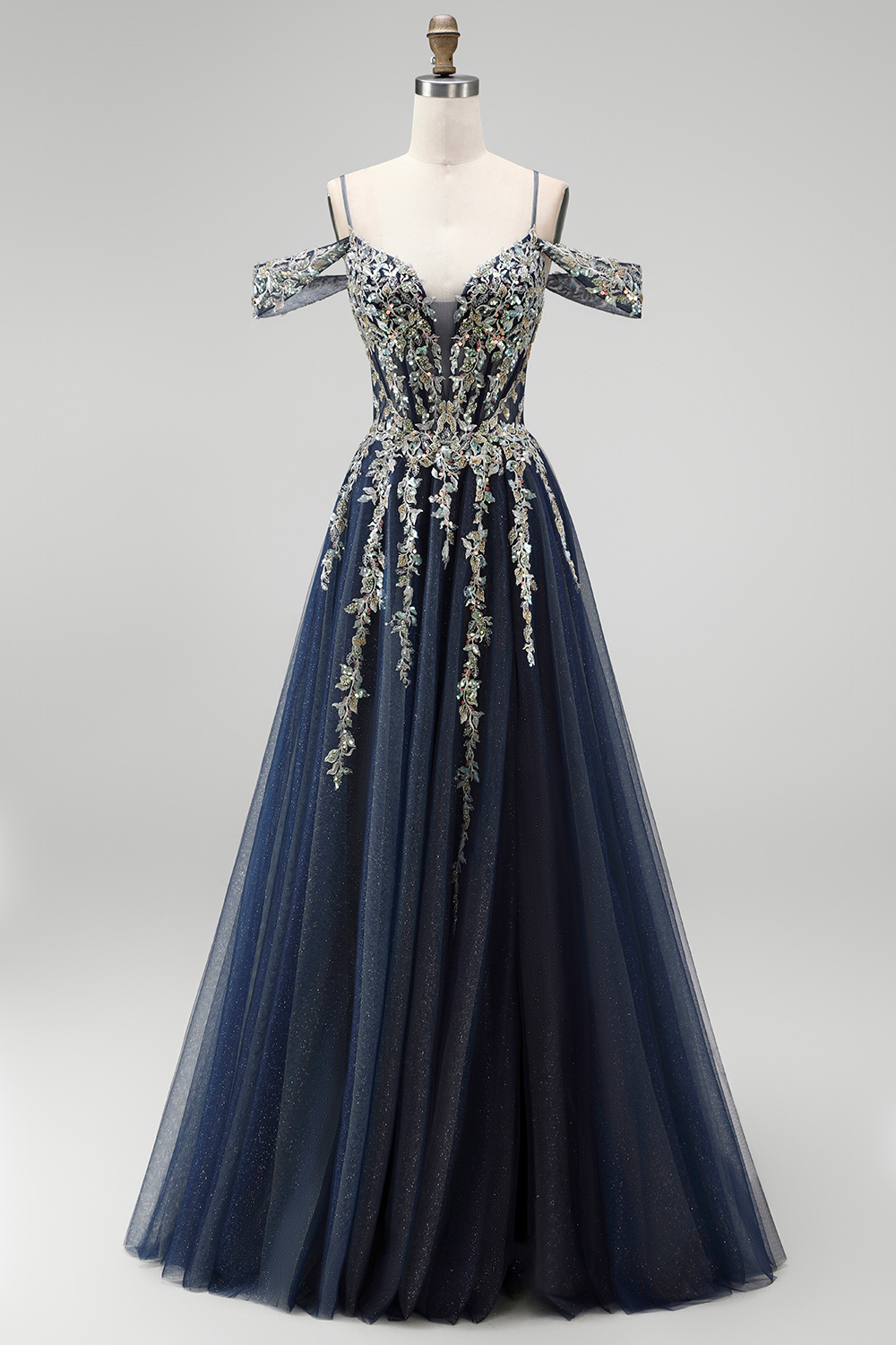 Navy A-Line Cold Shoulder Long Prom Dress with Appliques