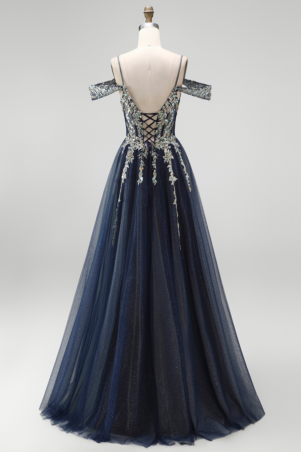 Navy A-Line Cold Shoulder Long Prom Dress with Appliques