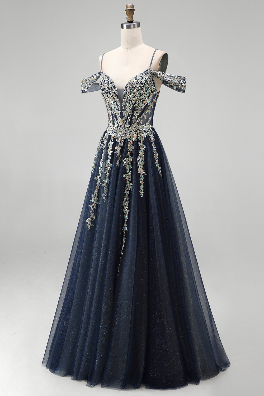 Navy A-Line Cold Shoulder Long Prom Dress with Appliques