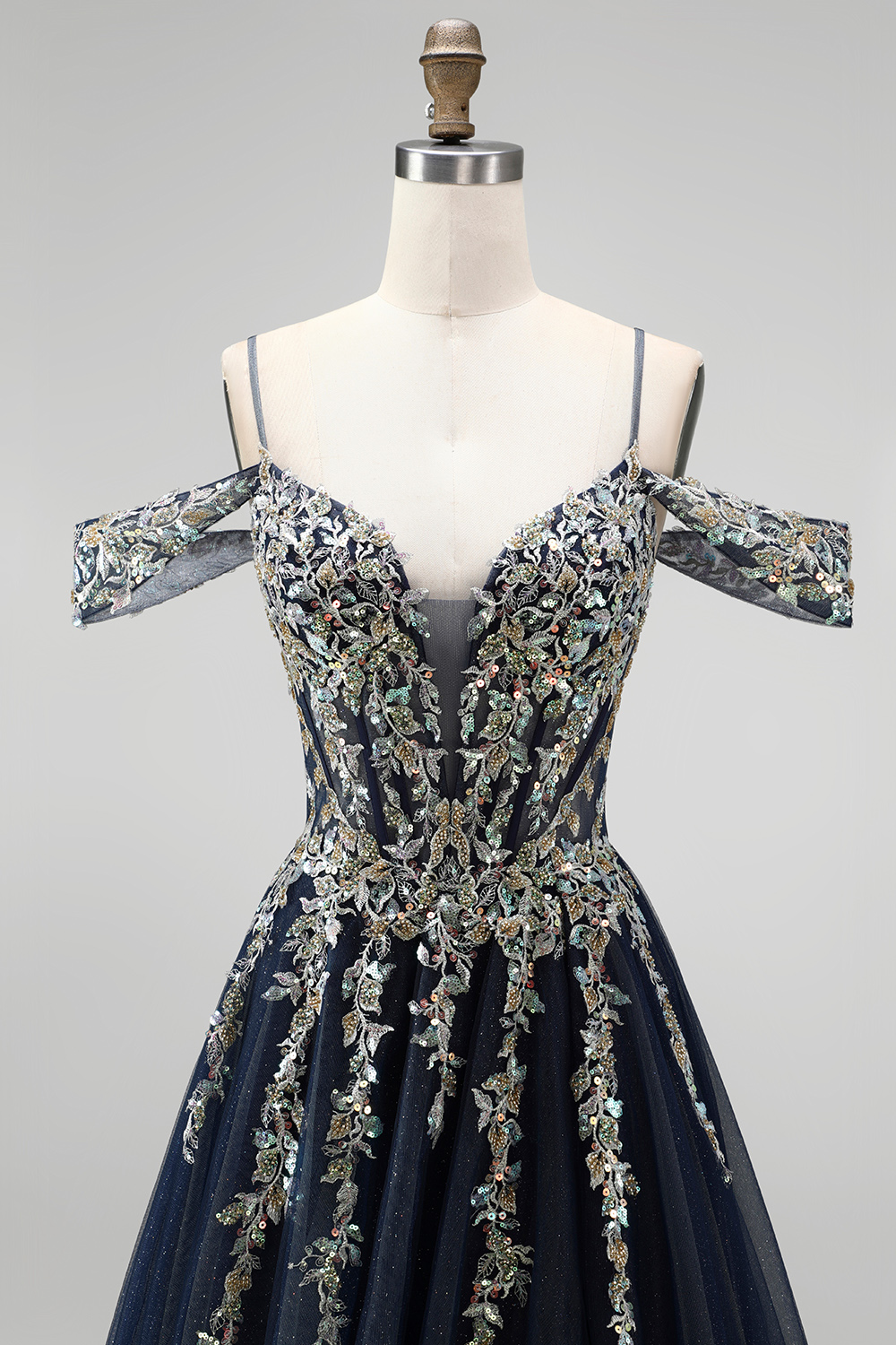 Navy A-Line Cold Shoulder Long Prom Dress with Appliques