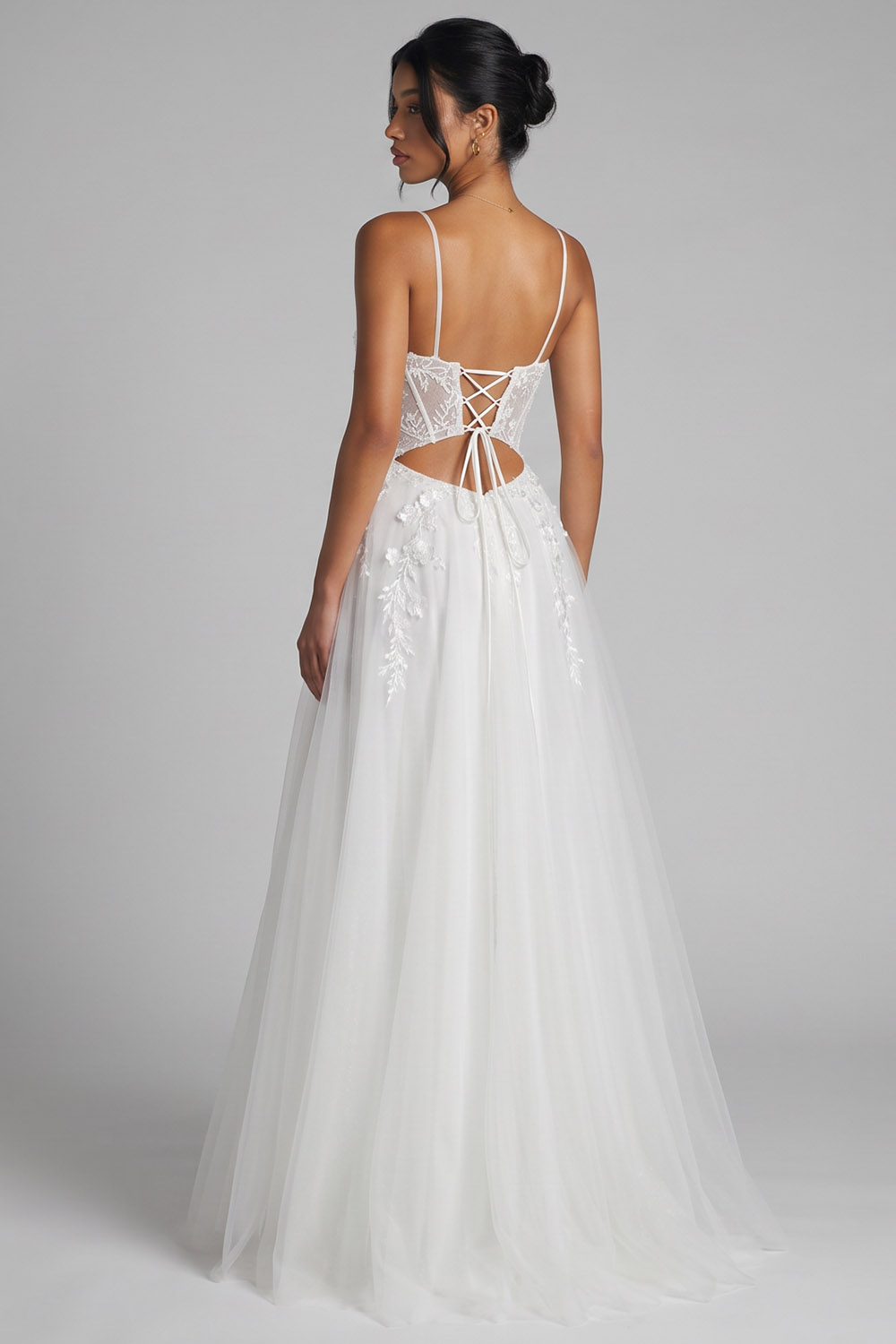 White Corset A-Line Spaghetti Straps Long Prom Dress with Slit