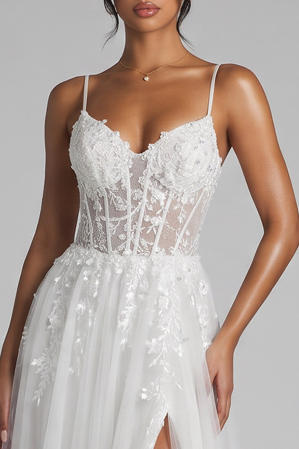White Corset A-Line Spaghetti Straps Long Prom Dress with Slit