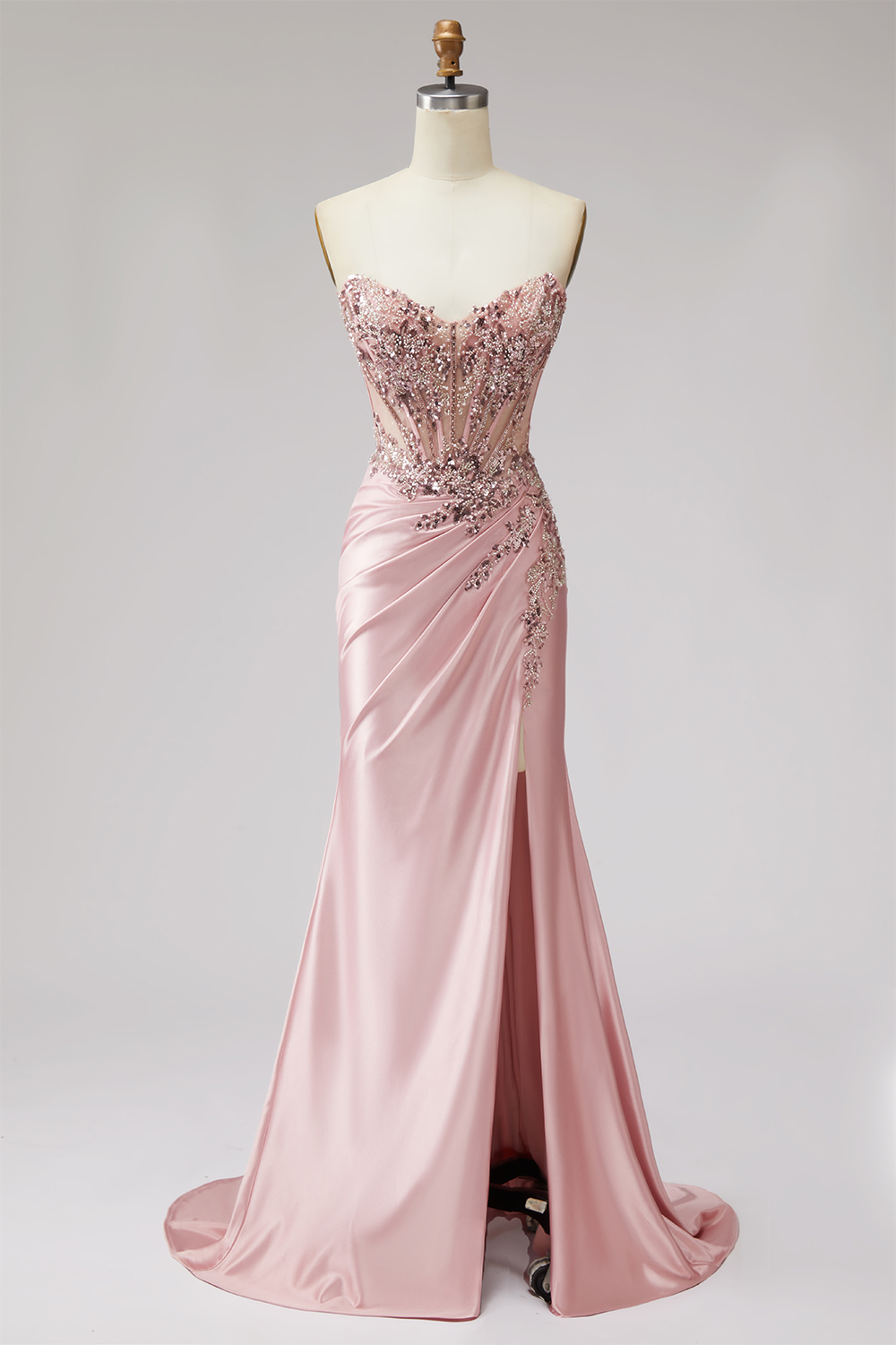 Pink Mermaid Strapless Ruched Long Prom Dress with Beading