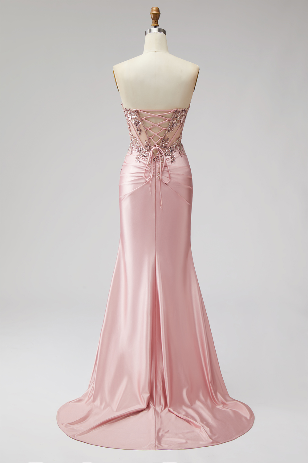 Pink Mermaid Strapless Ruched Long Prom Dress with Beading