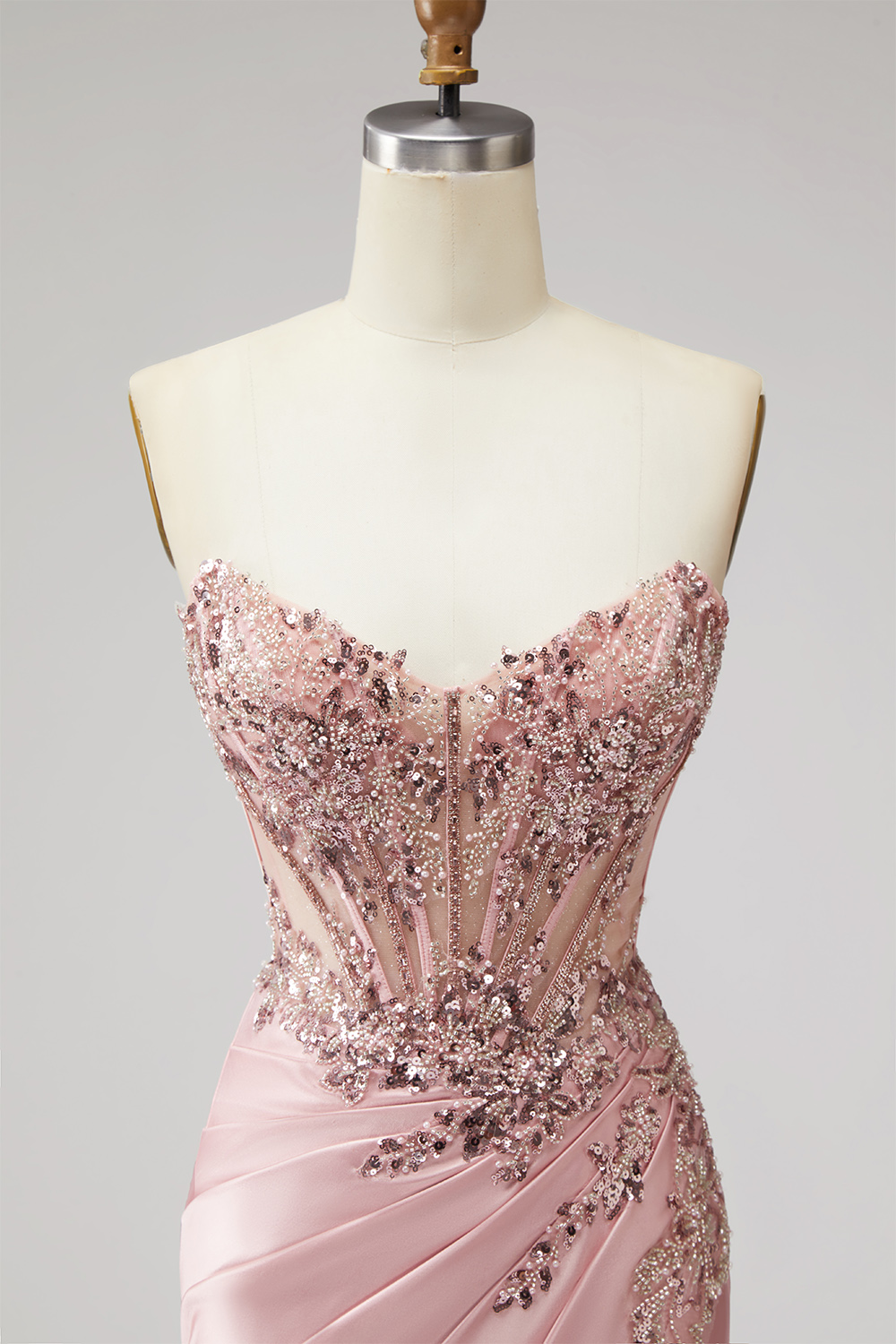 Pink Mermaid Strapless Ruched Long Prom Dress with Beading