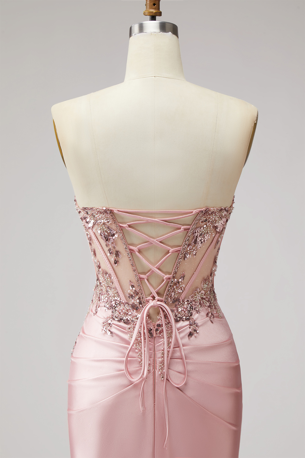 Pink Mermaid Strapless Ruched Long Prom Dress with Beading