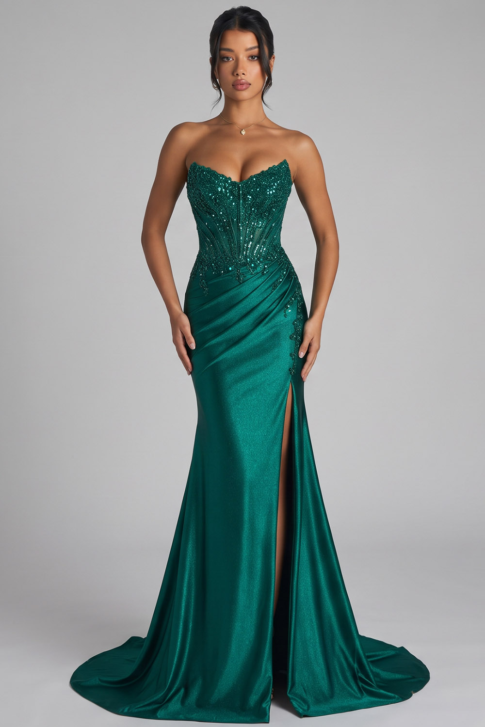 Dark Green Corset Mermaid Sweetheart Long Prom Dress with Slit