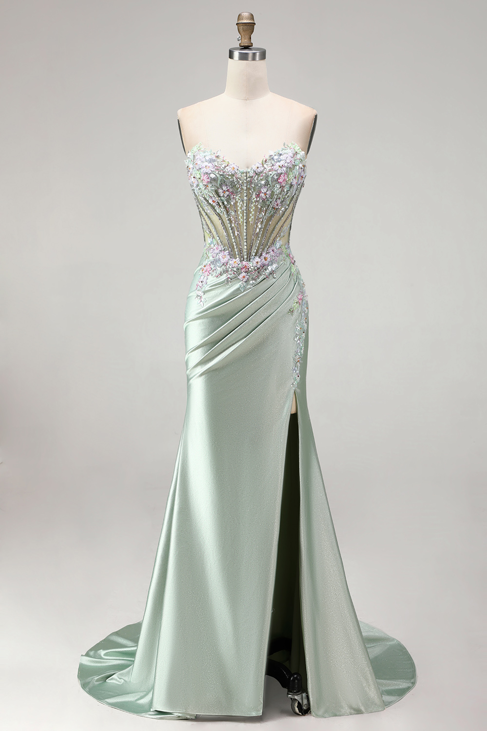 Mermaid Light Green Sparkly Sequin Ruched Corset Floral Long Evening Dress with Beading