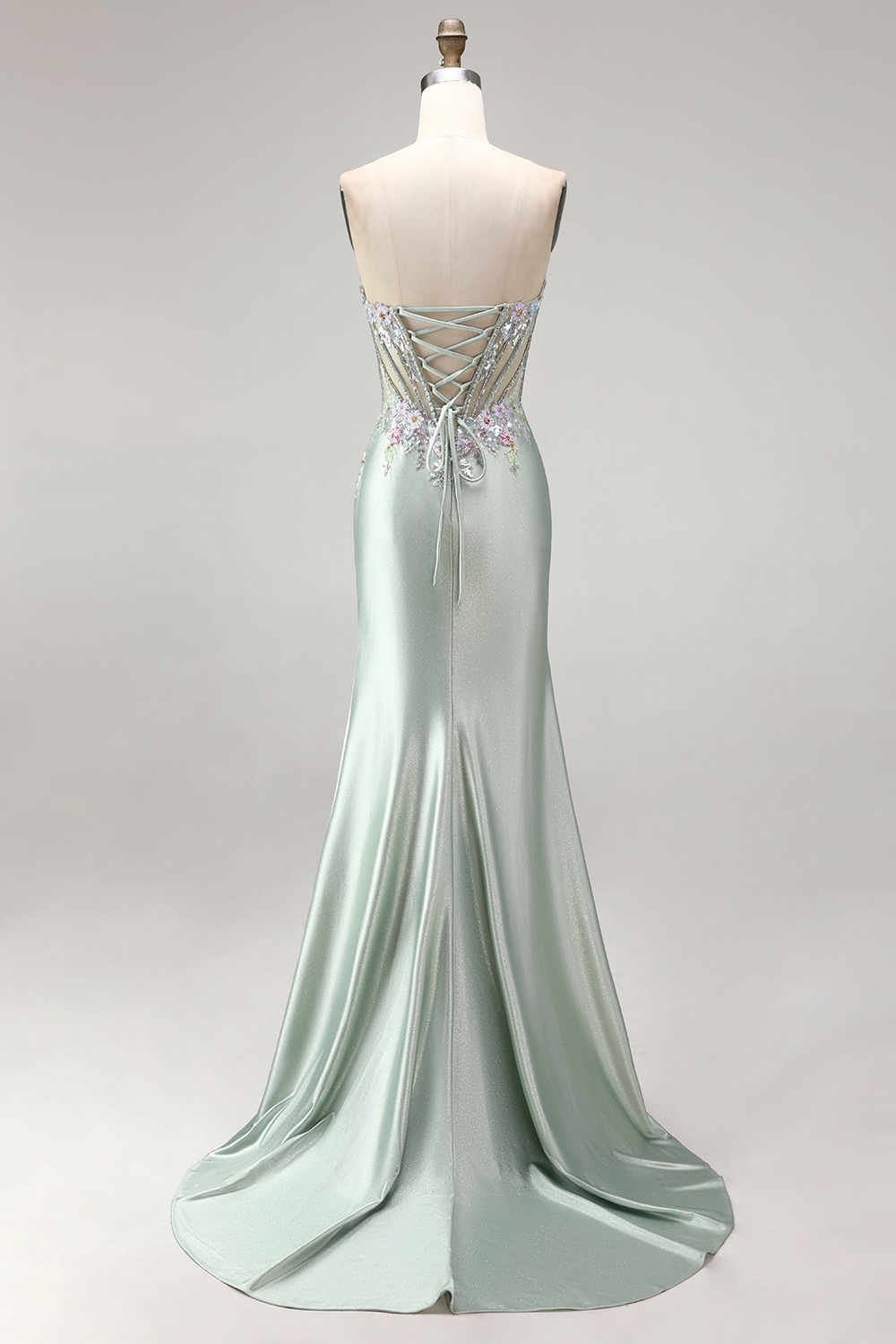 Mermaid Light Green Sparkly Sequin Ruched Corset Floral Long Evening Dress with Beading