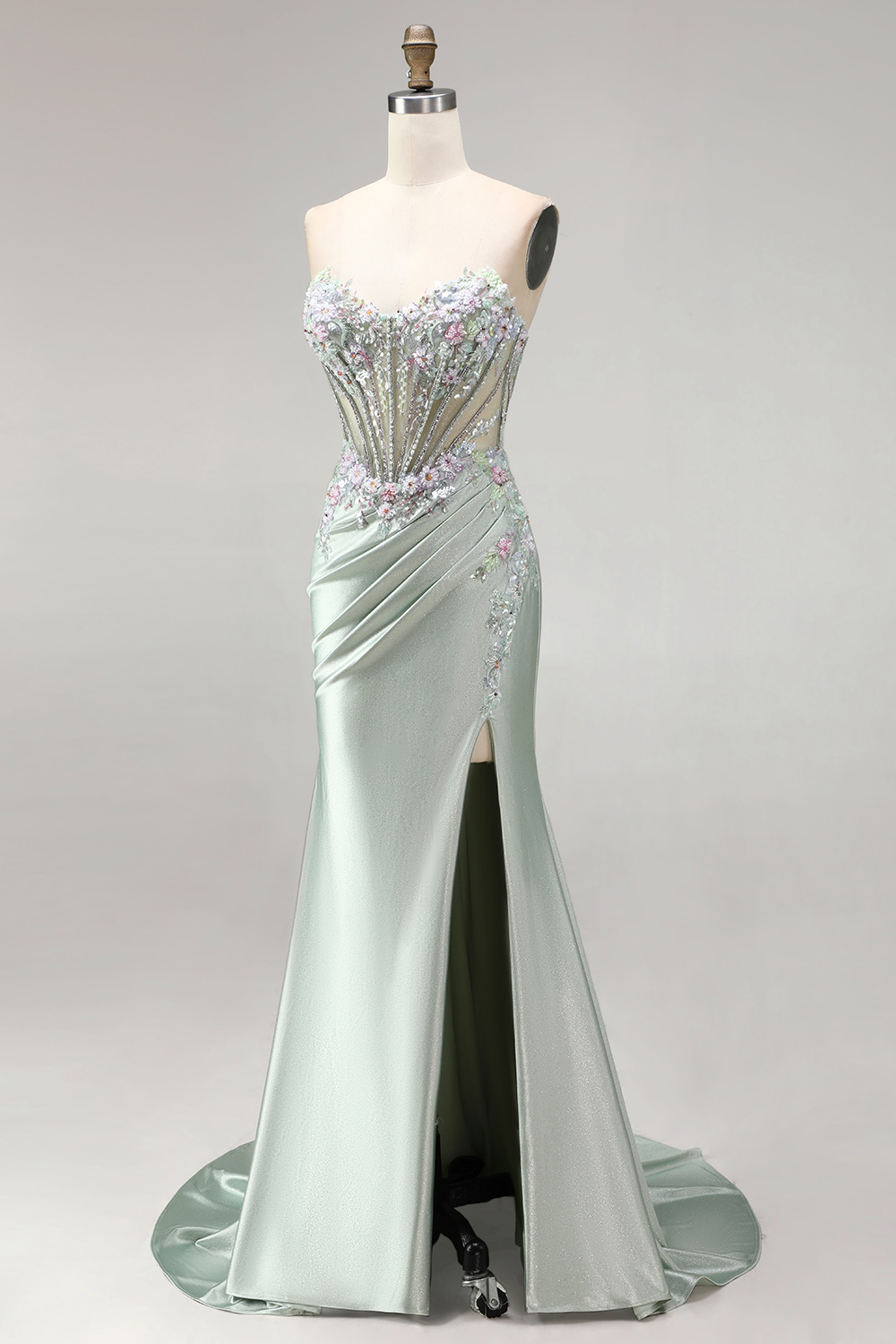Mermaid Light Green Sparkly Sequin Ruched Corset Floral Long Evening Dress with Beading