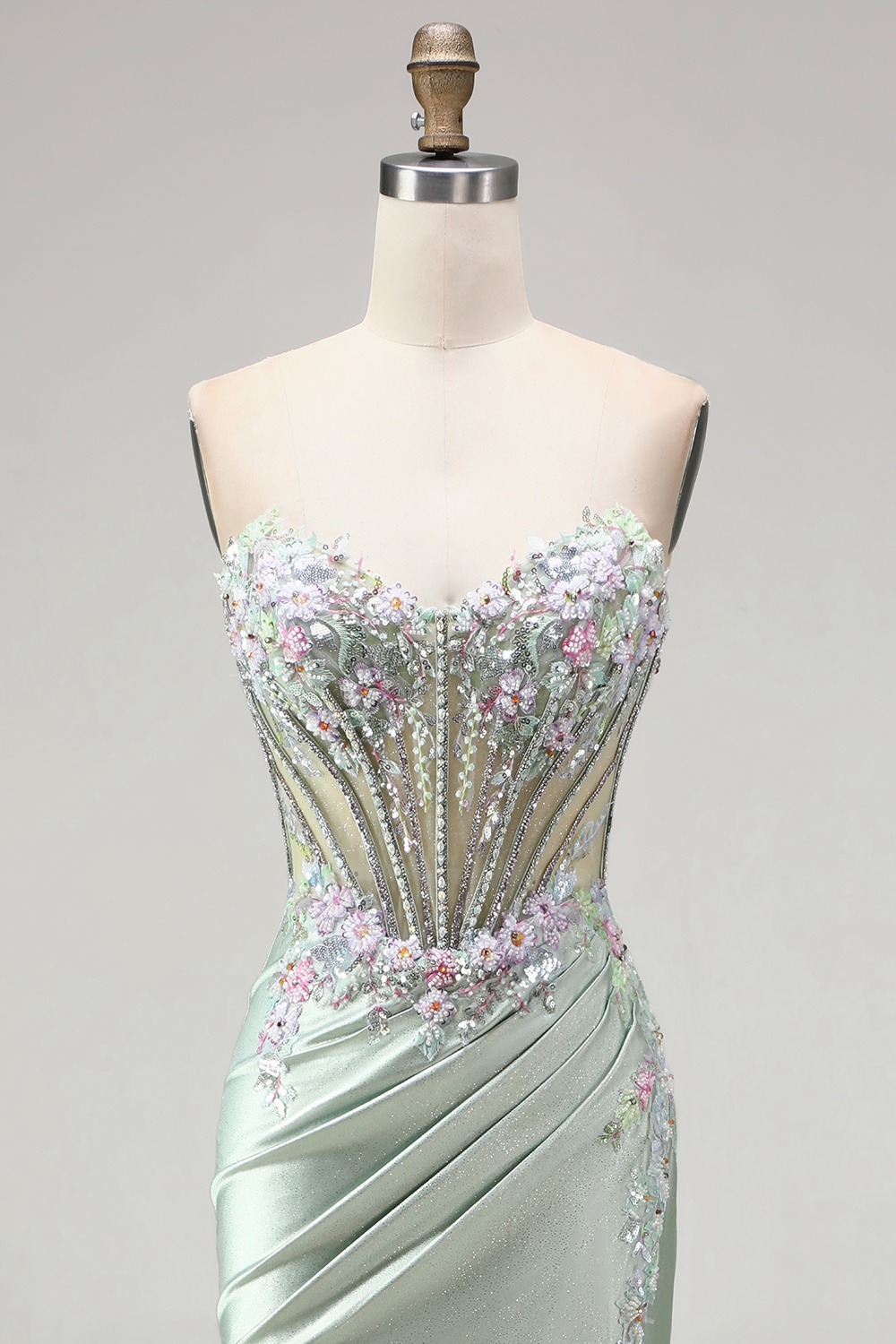 Mermaid Light Green Sparkly Sequin Ruched Corset Floral Long Evening Dress with Beading