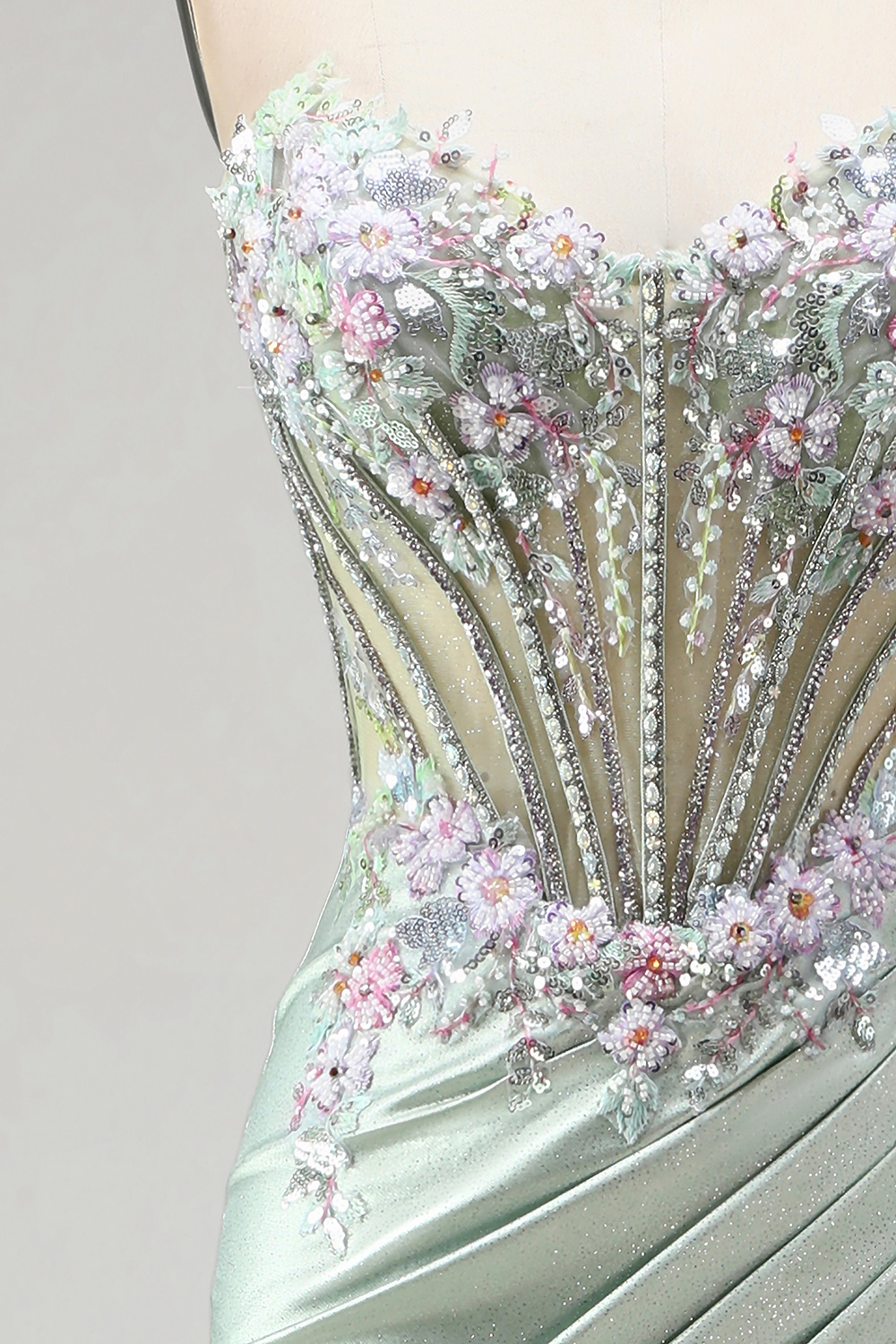 Mermaid Light Green Sparkly Sequin Ruched Corset Floral Long Evening Dress with Beading