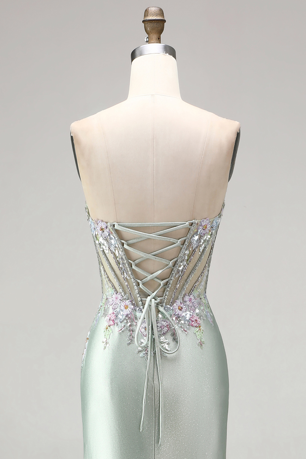 Mermaid Light Green Sparkly Sequin Ruched Corset Floral Long Evening Dress with Beading
