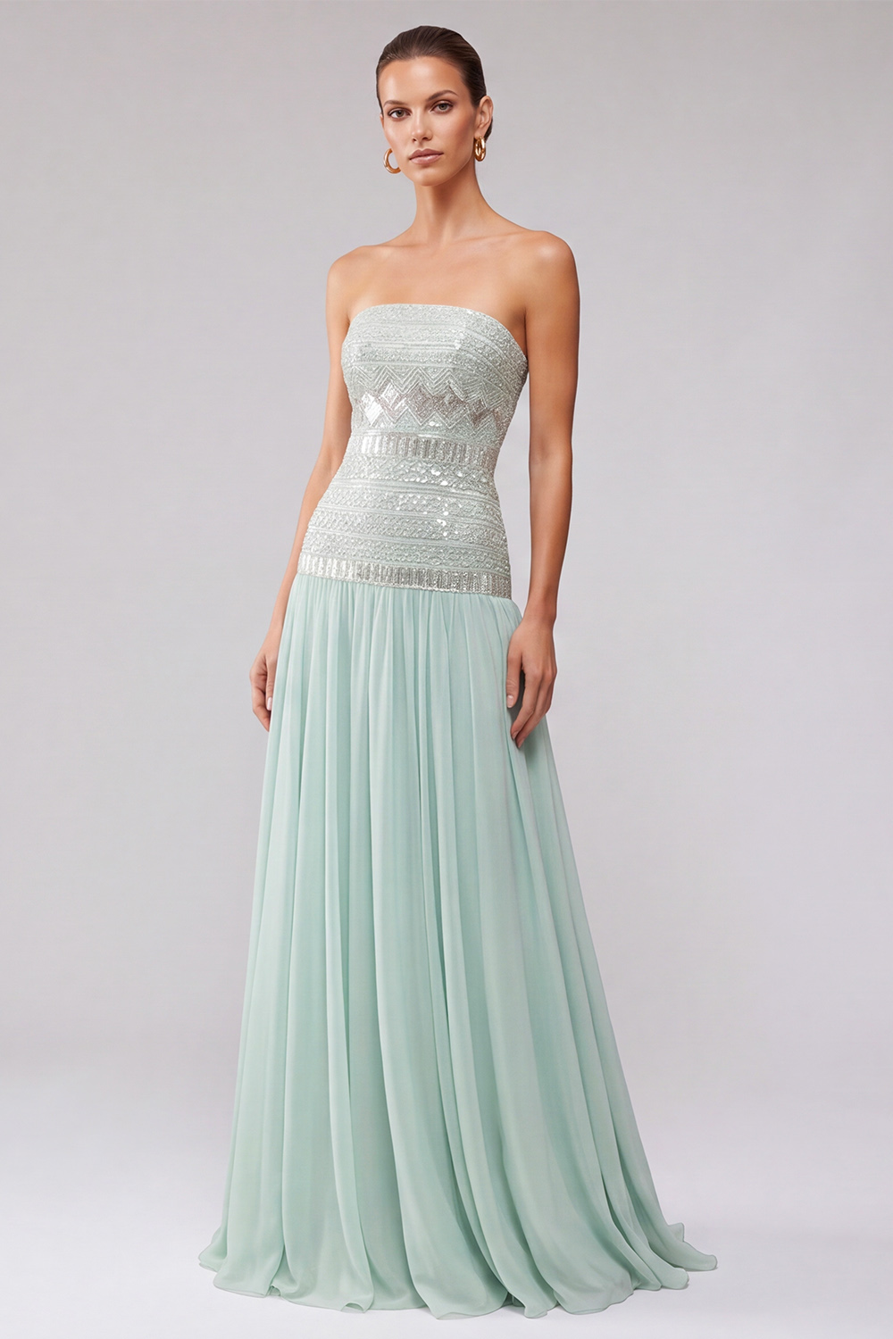 A Line Mint Sparkly Sequin Strapless Long Wedding Guest Dress with Beading