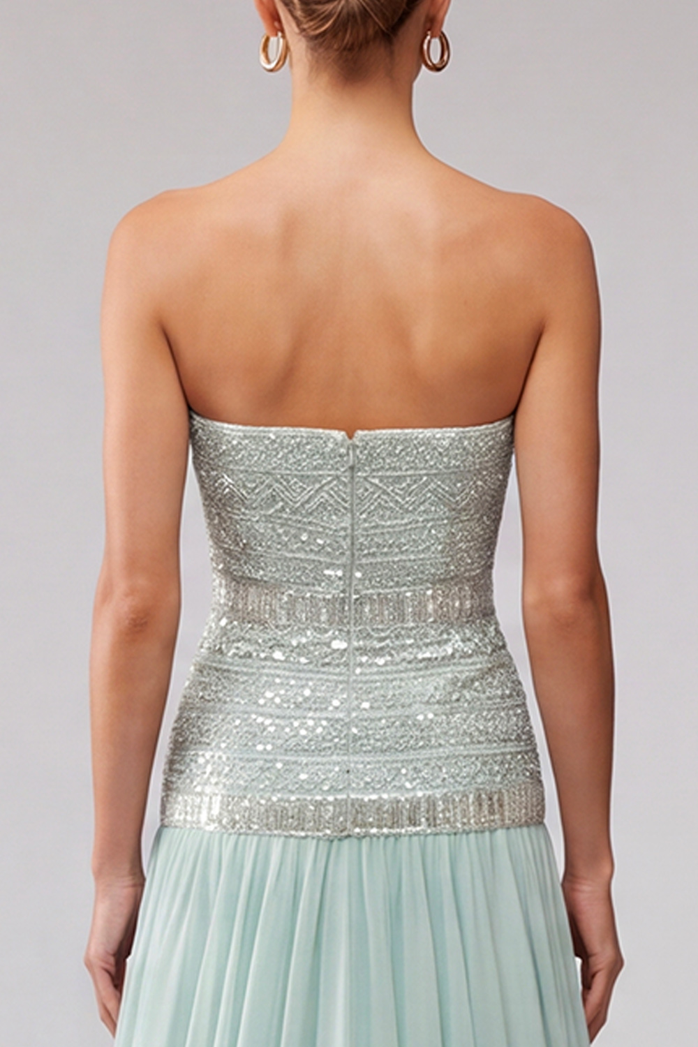 A Line Mint Sparkly Sequin Strapless Long Wedding Guest Dress with Beading