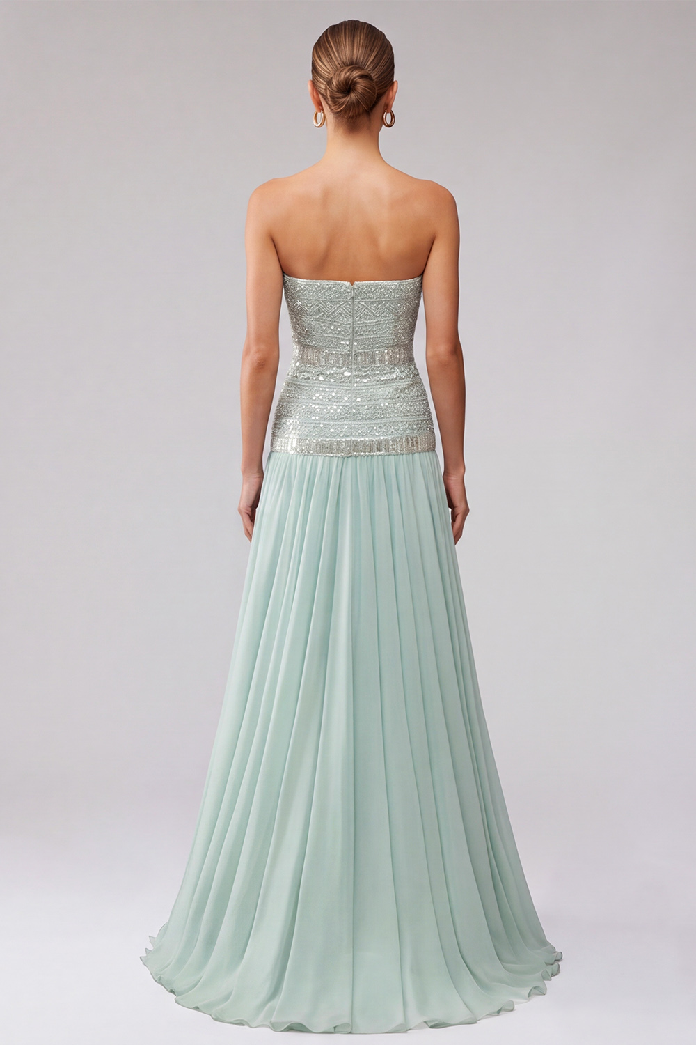 A Line Mint Sparkly Sequin Strapless Long Wedding Guest Dress with Beading