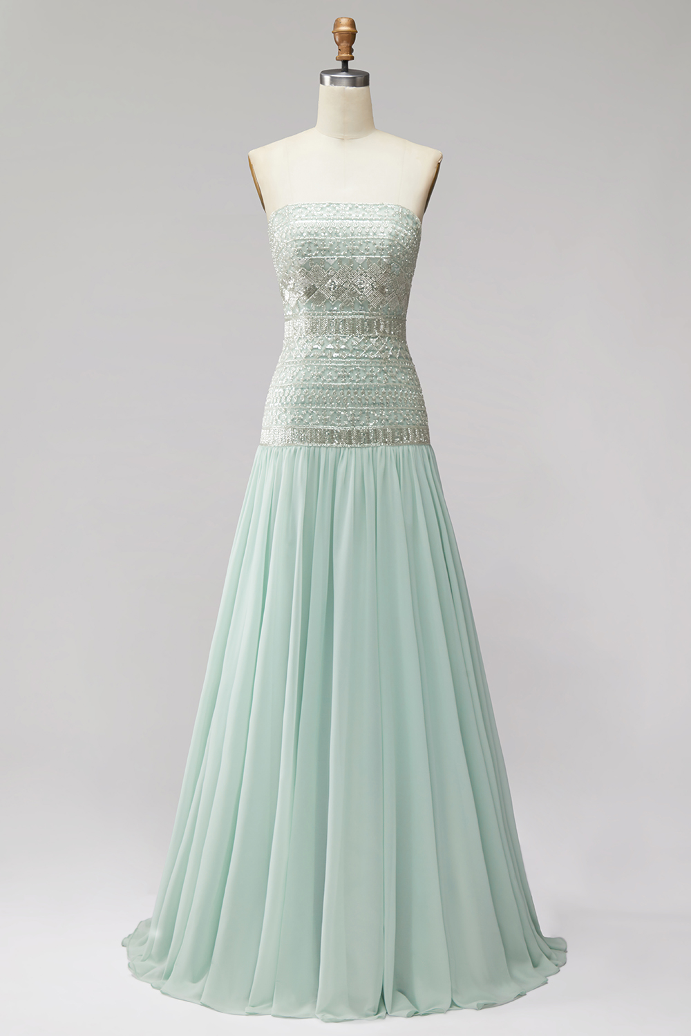 A Line Mint Sparkly Sequin Strapless Long Wedding Guest Dress with Beading
