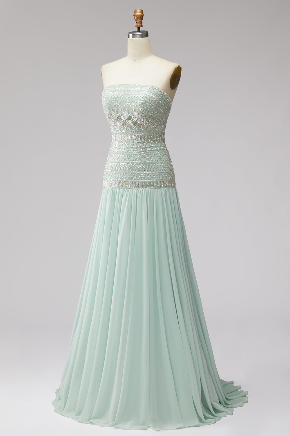 A Line Mint Sparkly Sequin Strapless Long Wedding Guest Dress with Beading