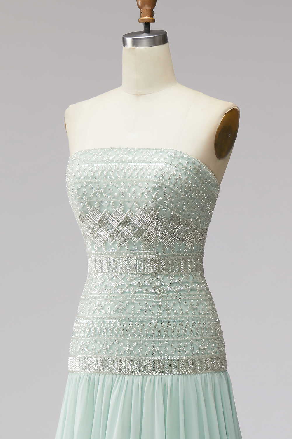 A Line Mint Sparkly Sequin Strapless Long Wedding Guest Dress with Beading