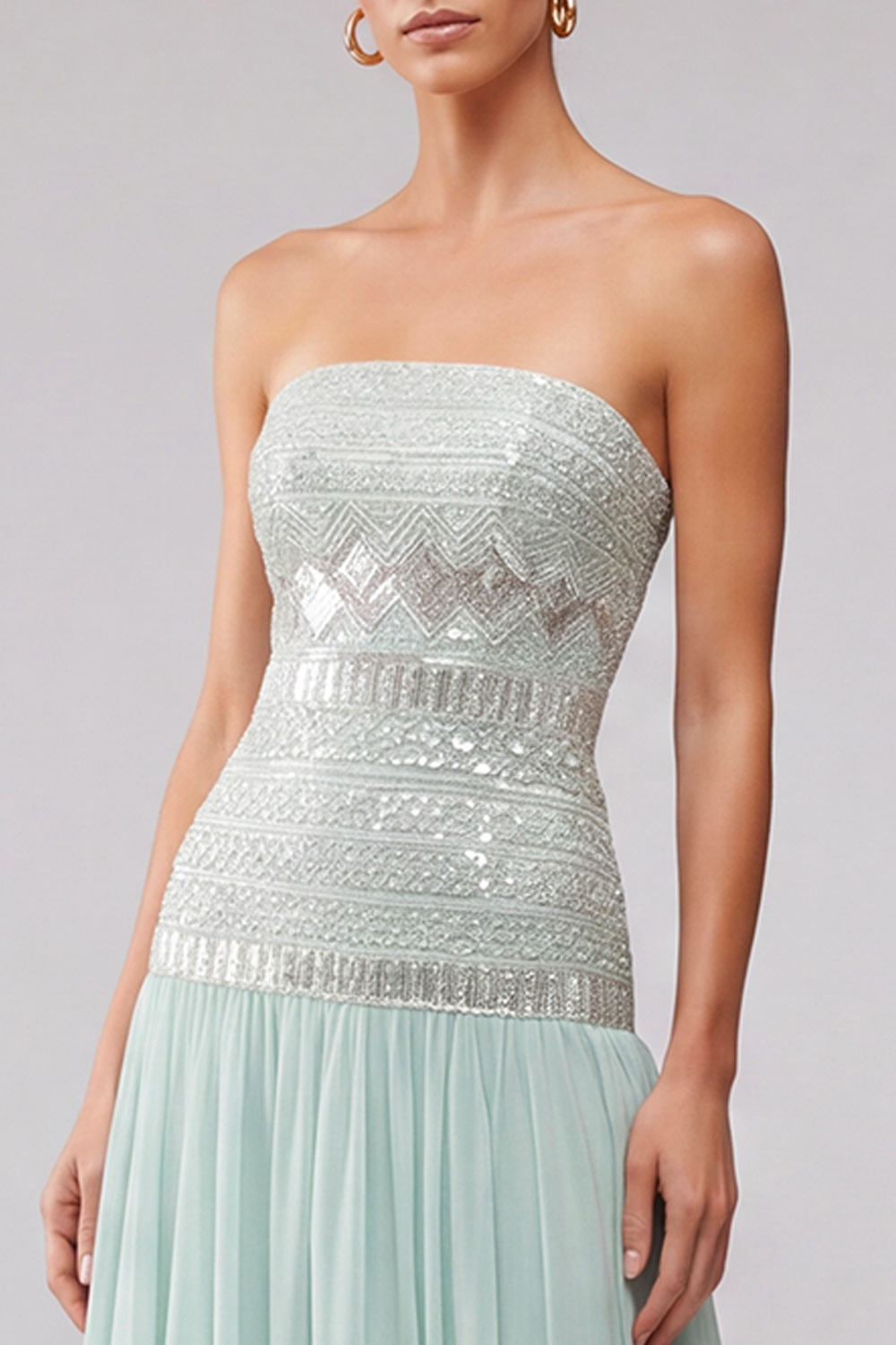 A Line Mint Sparkly Sequin Strapless Long Wedding Guest Dress with Beading