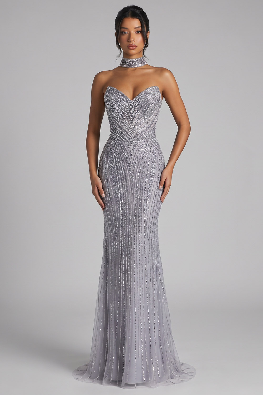 Mermaid Grey Sparkly Sequin beaded Sweetheart Long Evening Dress with Neck Scarf