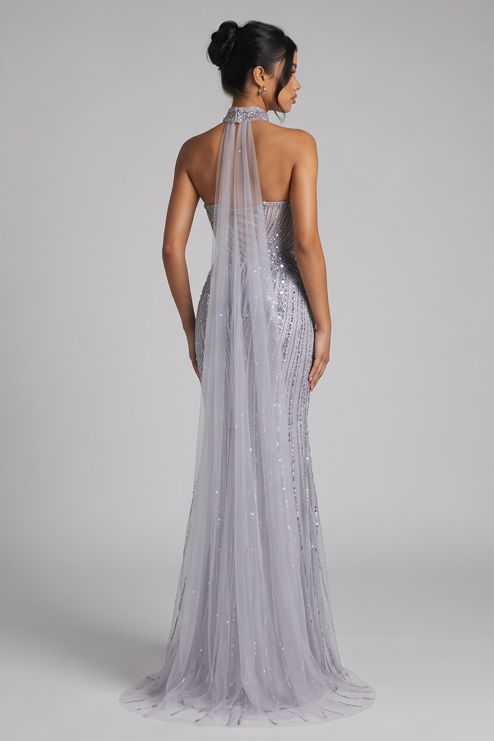Mermaid Grey Sparkly Sequin beaded Sweetheart Long Evening Dress with Neck Scarf