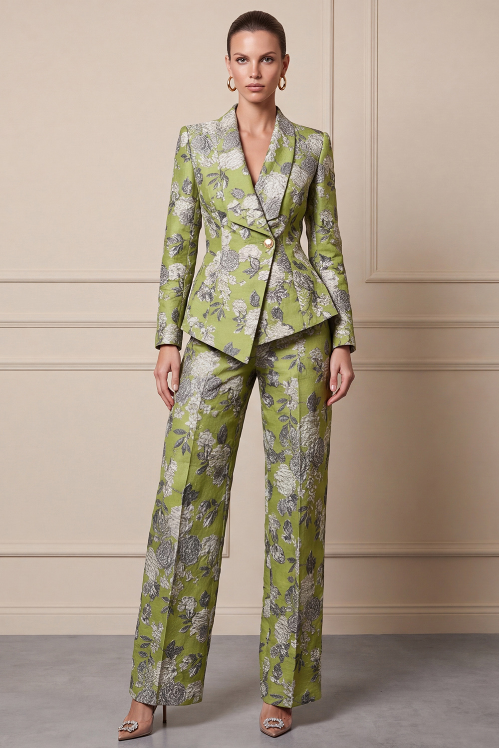 Floral Light Green Two Piece Shawl Lapel Single Breasted Business Suits