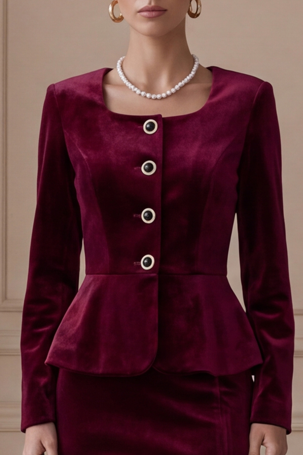 Burgundy Fitted Velvet Square Neck Long Sleeves Business Suits with Covered Button